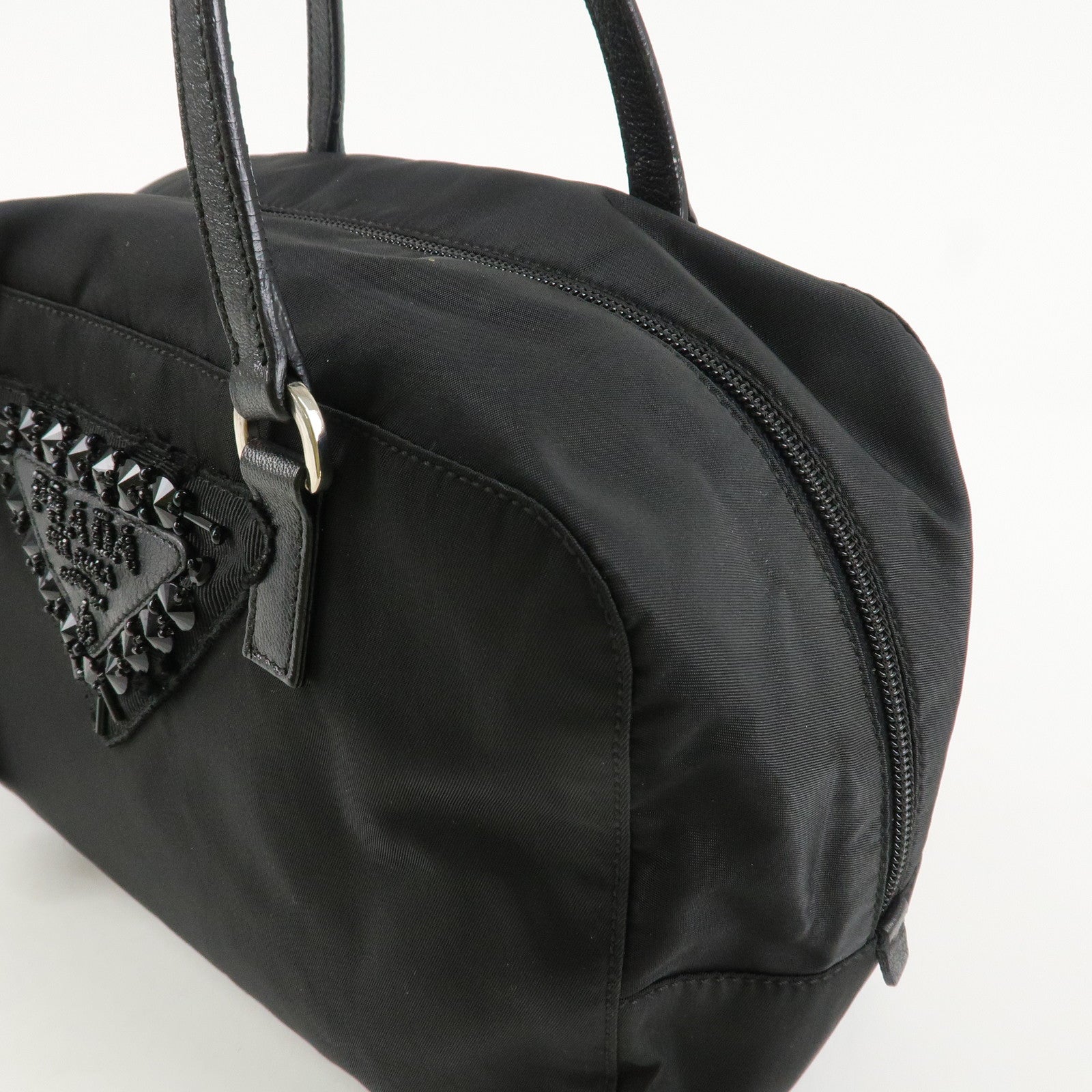 PRADA Evening Triangle Logo Leather Nylon Bijou Boston Bag Shoulder Bag Used