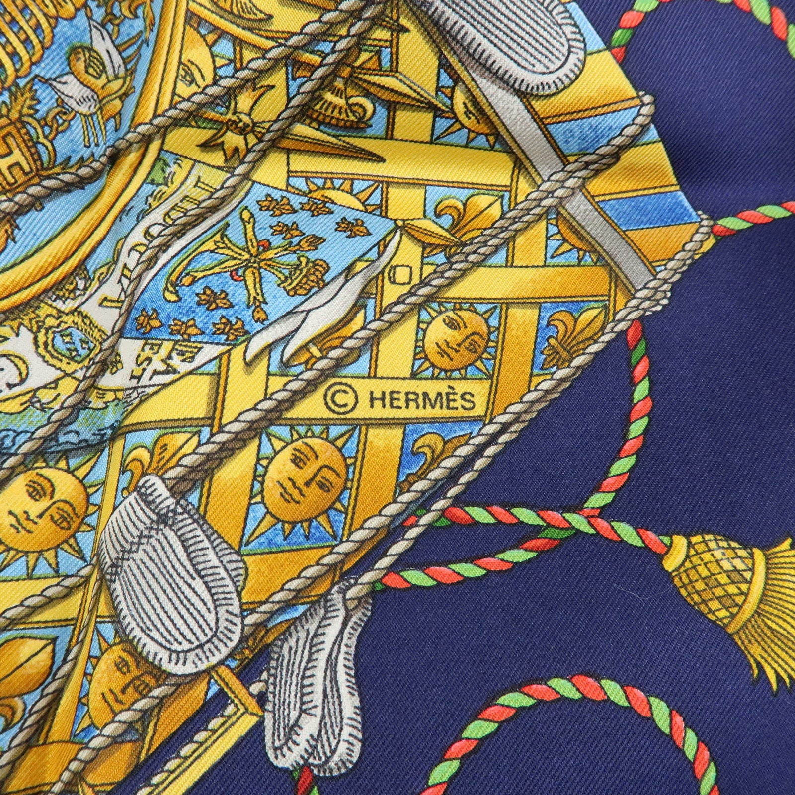 HERMES Carre 90 Silk 100% Scarf  LES TAMBOURS Navy Gold