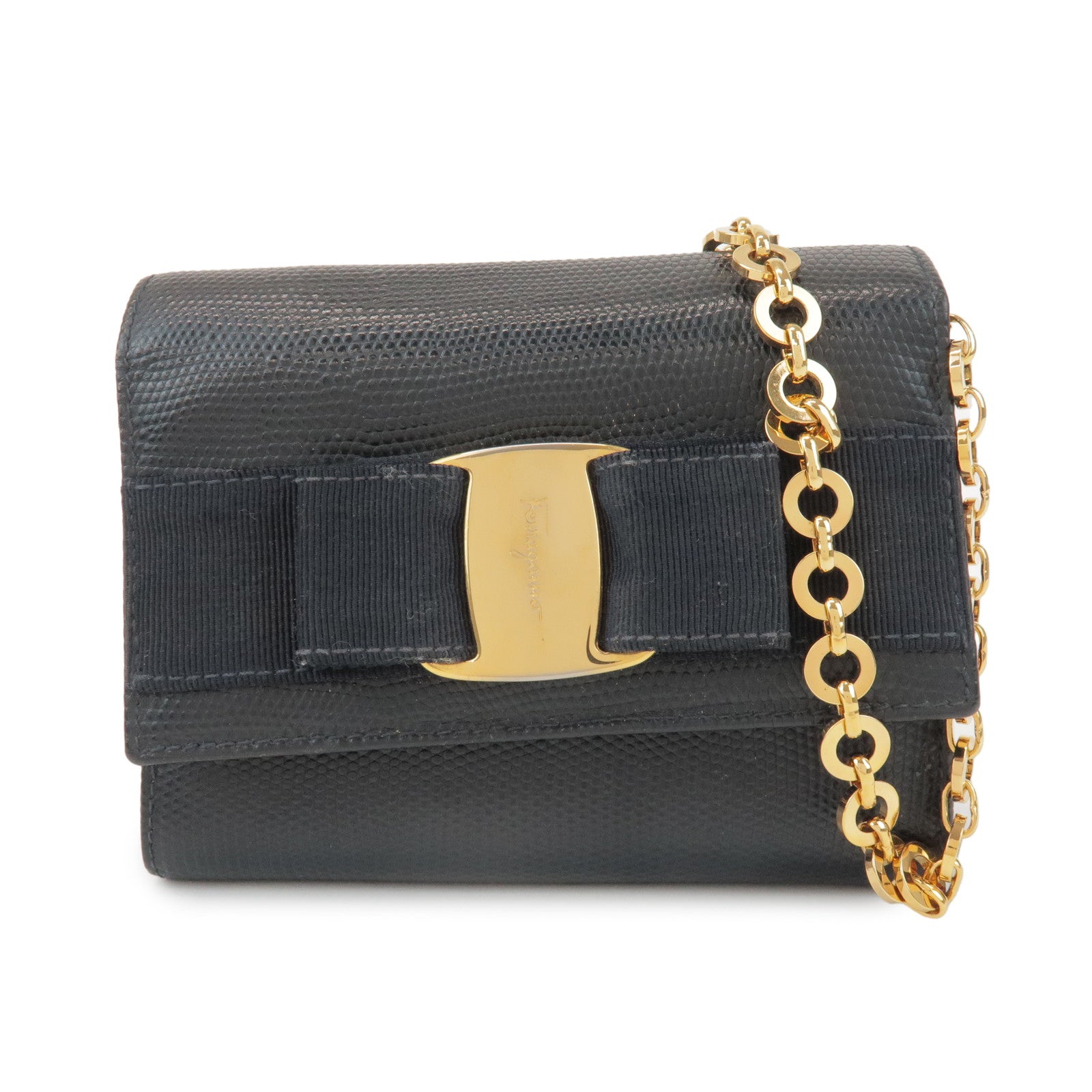 Ferragamo Vara Ribbon Embossed Leather Chain Shoulder Bag Navy
