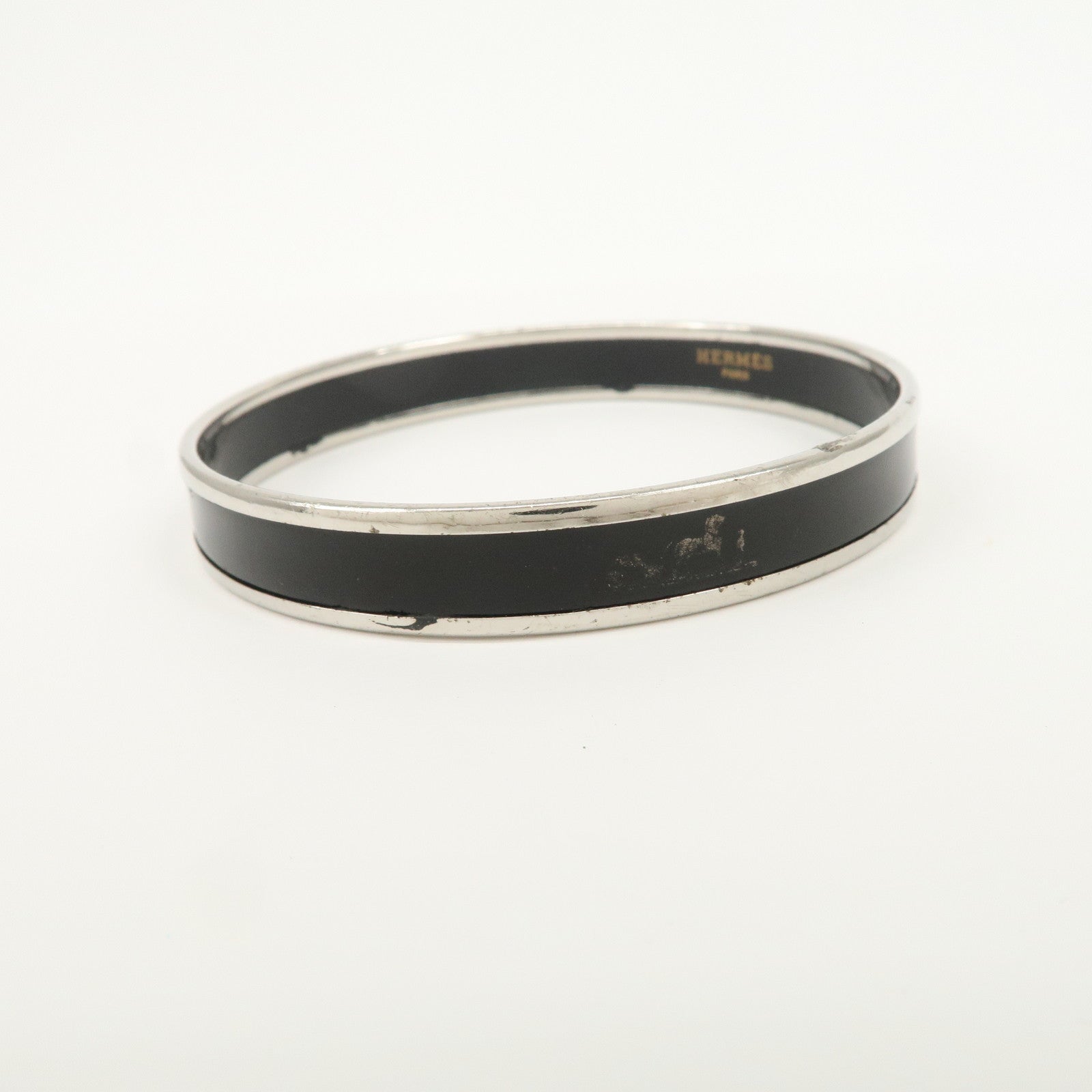 HERMES Email PM Silver Plated Bracelet Bangle Black Silver