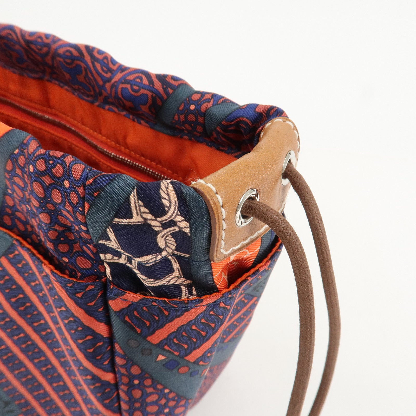 HERMES Fourbi 25 Silk Leather Drawstring Hand Bag Pouch Orange Navy
