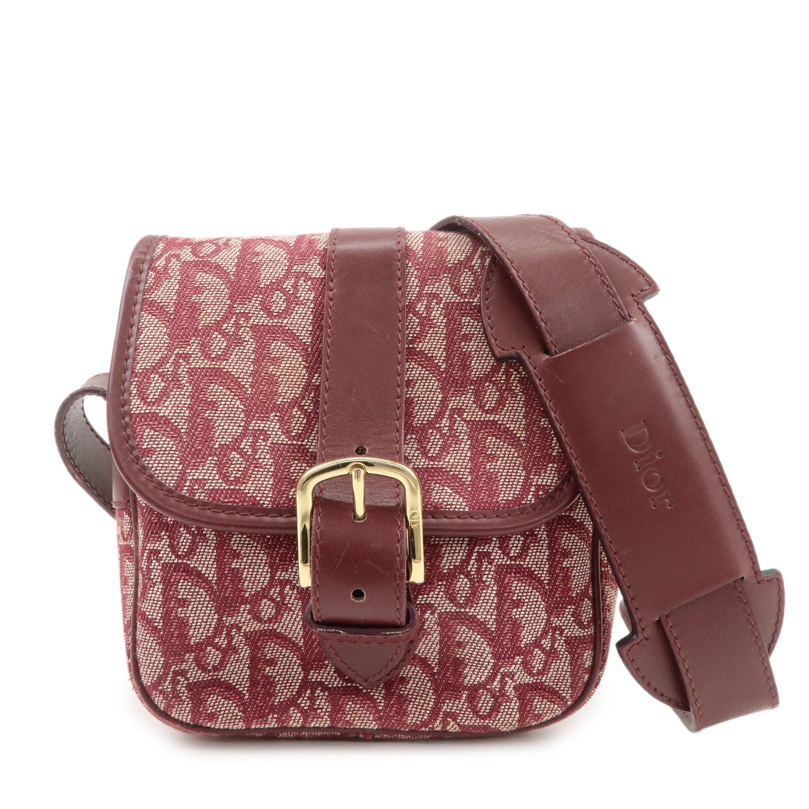 Christian Dior Trotter Jacquard Leather Shoulder Bag Burgundy