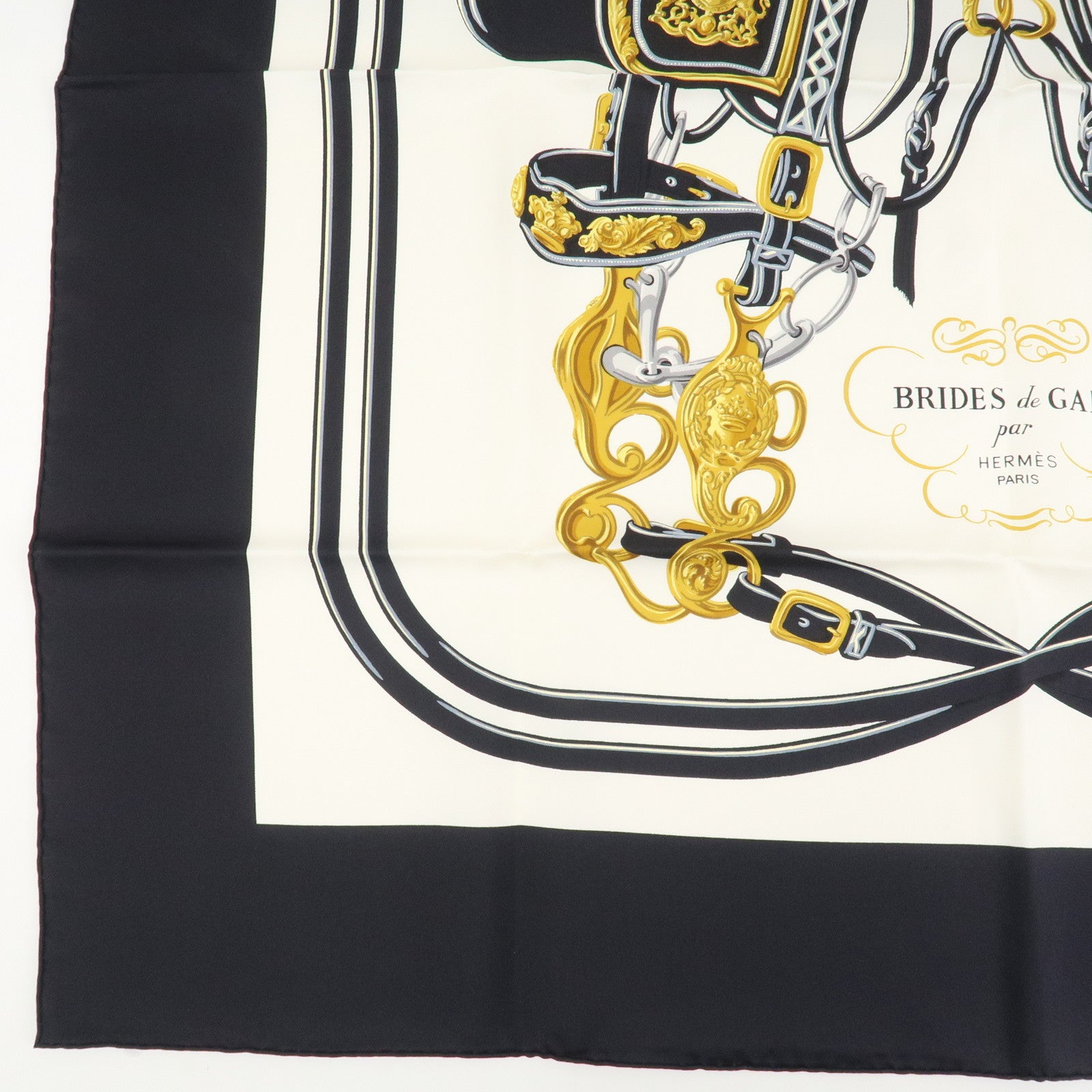 HERMES Carre 90 Silk 100% Scarf BRIDES DE GALA Black White