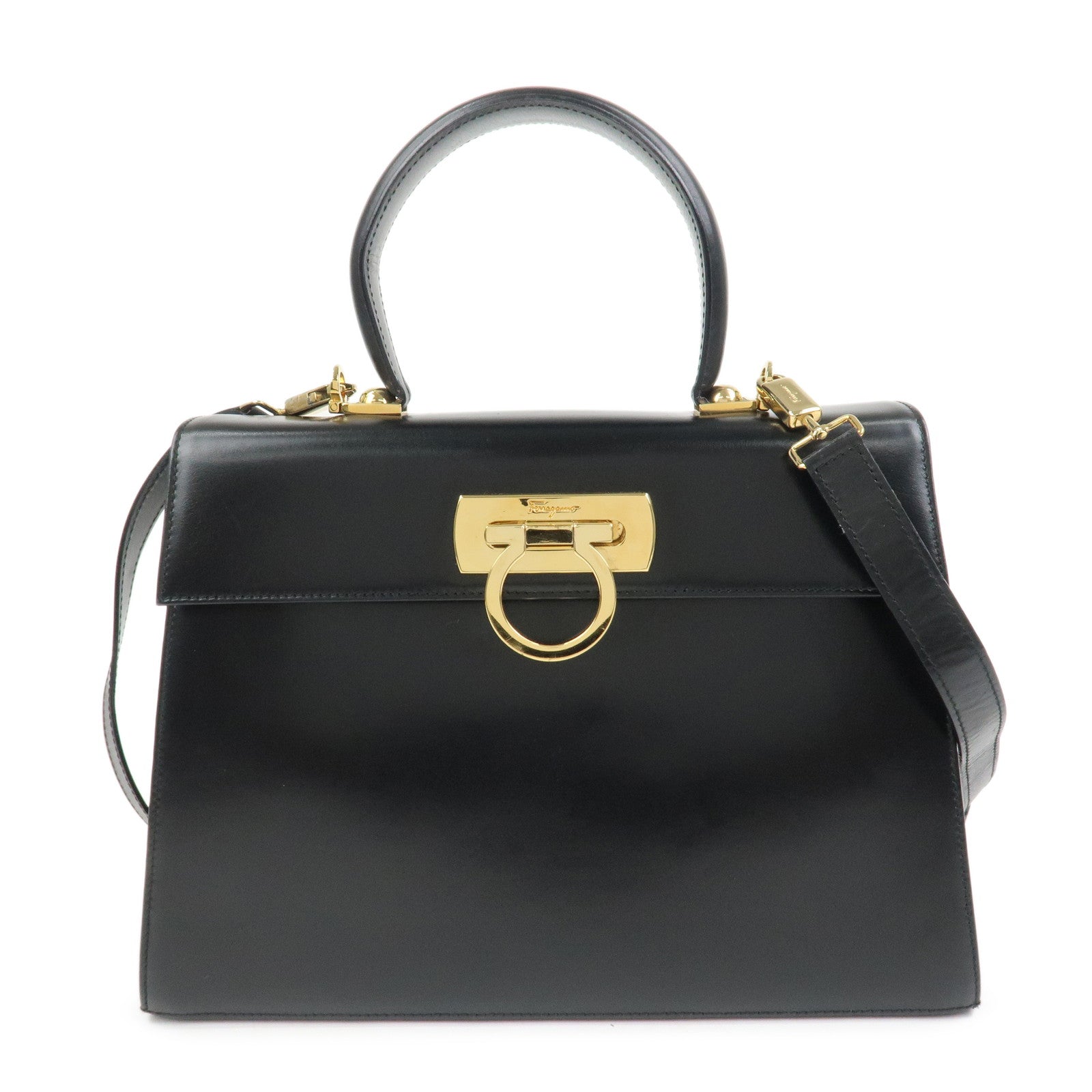 Ferragamo Gancini Logo Leather 2Way Bag Hand Bag Shoulder Bag Black