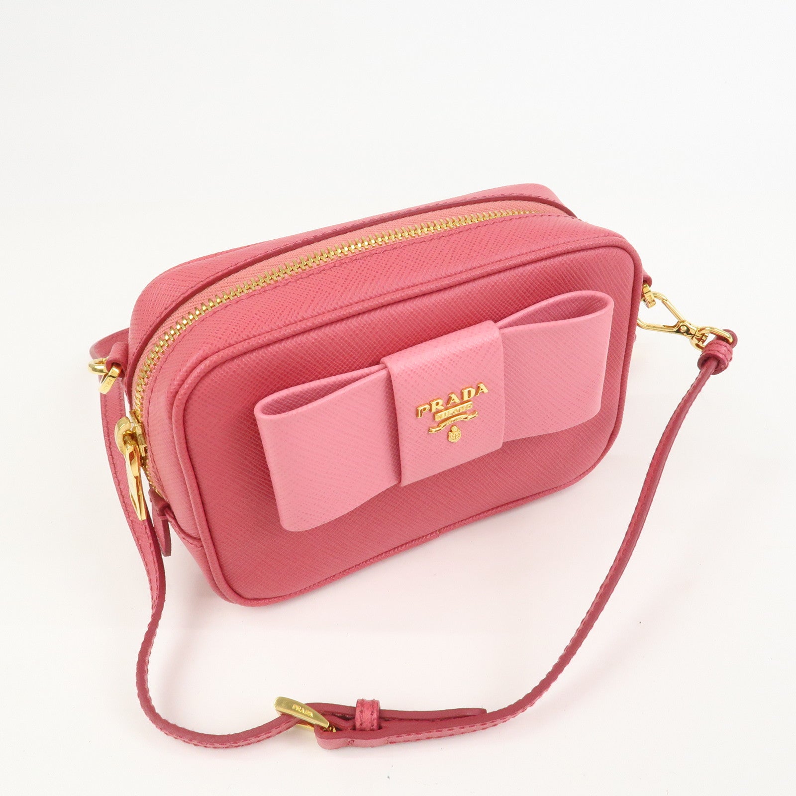 PRADA Saffiano Leather Ribbon Mini Camera Shoulder Bag Pink 1N1674
