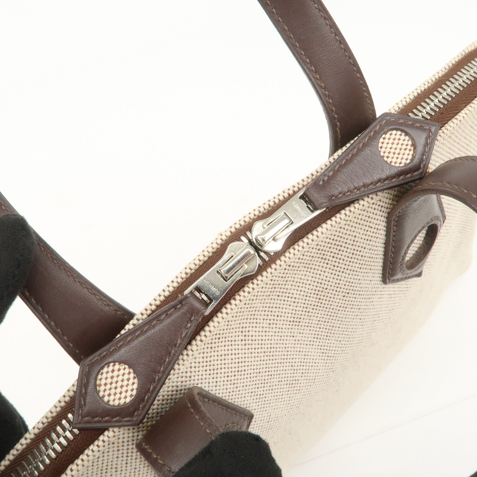 HERMES Leather Toile Ash Sac Eve MM J Engraved Hand Bag Natural