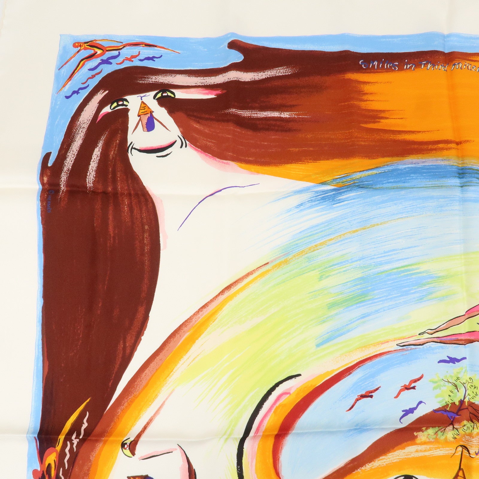 HERMES Carre 90 Silk 100% Scarf Smiles in Third millenary White