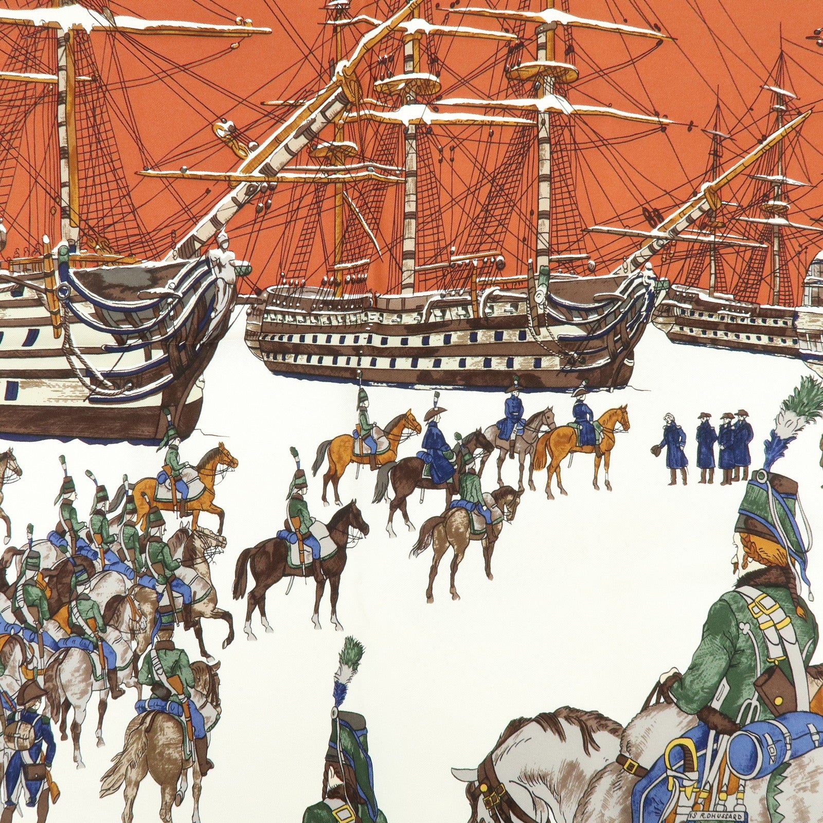 HERMES Carre 90 Silk 100% Scarf MARINE ET CAVALERIE Brown