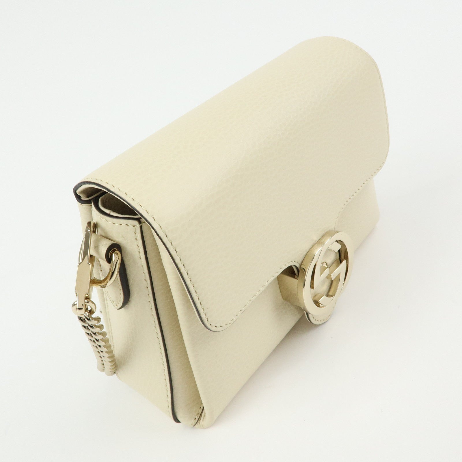 GUCCI Interlocking G Leather Chain Shoulder Bag Ivory 607720