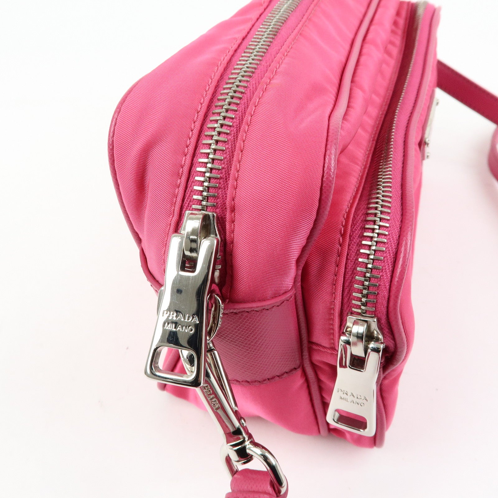 PRADA Triangle Logo Nylon Saffiano Leather Shoulder Bag Pink BT1010
