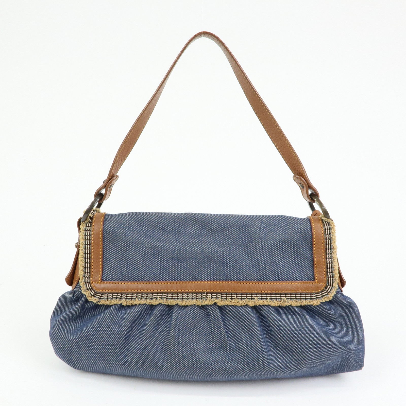 FENDI Denim Leather Shoulder Bag Hand Bag Indigo Brown 8BR445
