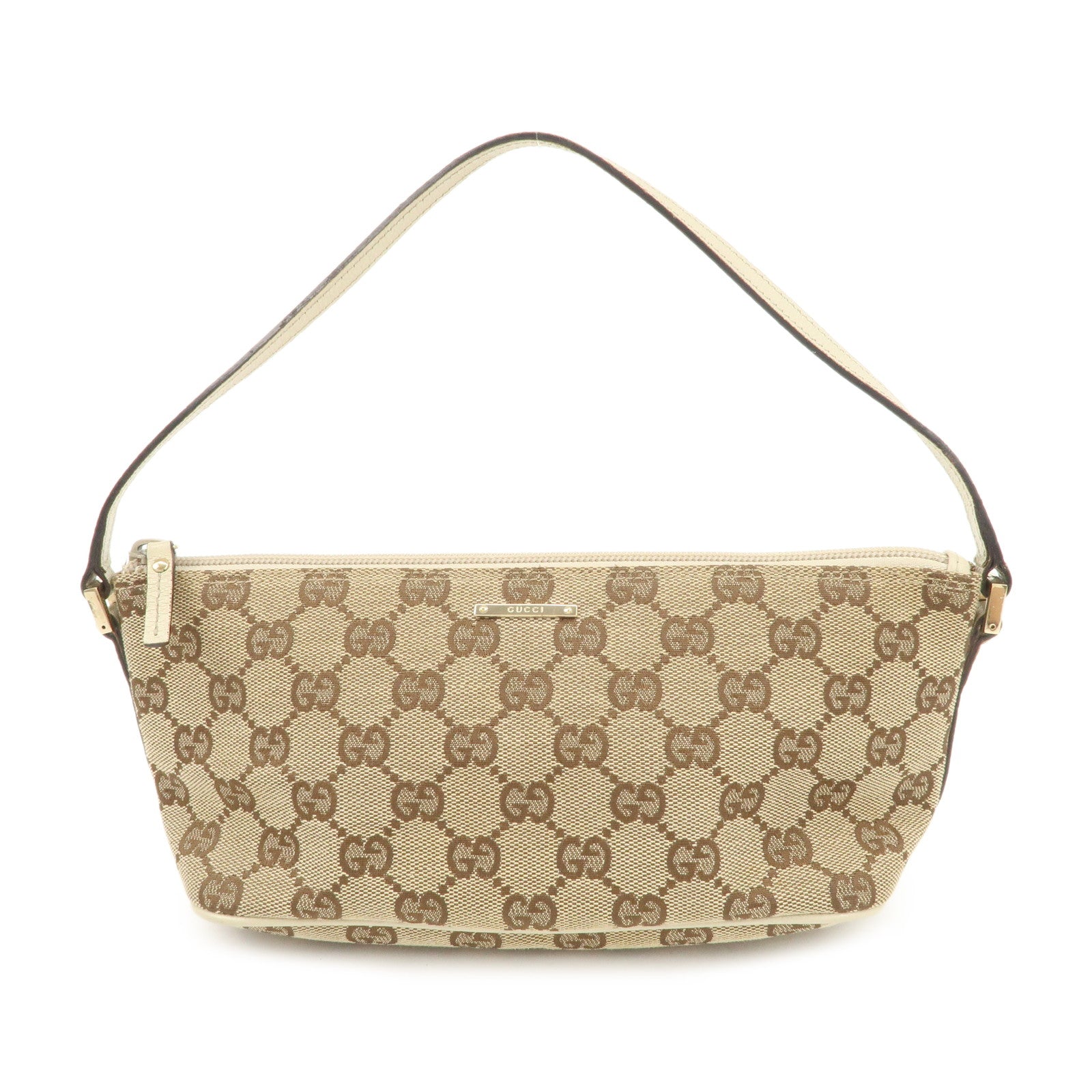 GUCCI Boat Bag GG Canvas Leather Bag Hand Bag Pouch Beige Ivory 07198 Used