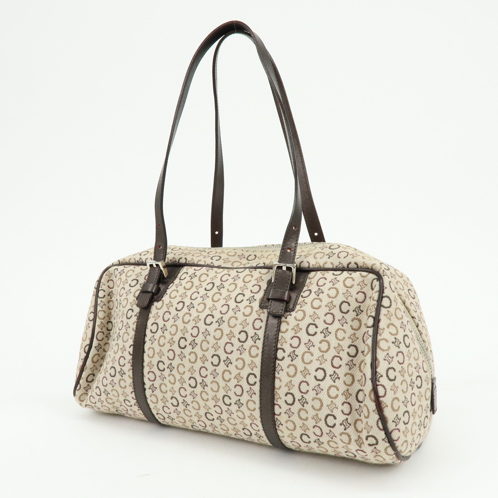 CELINE C Macadam Canvas Leather Hand Bag Boston Bag Beige Brown
