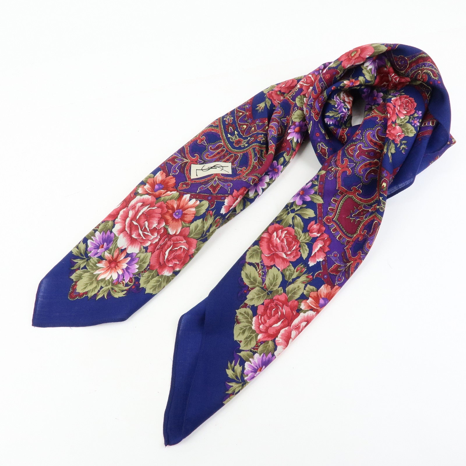 SAINT LAURENT PARIS Cotton Wool Scarf Flower Print Navy Red