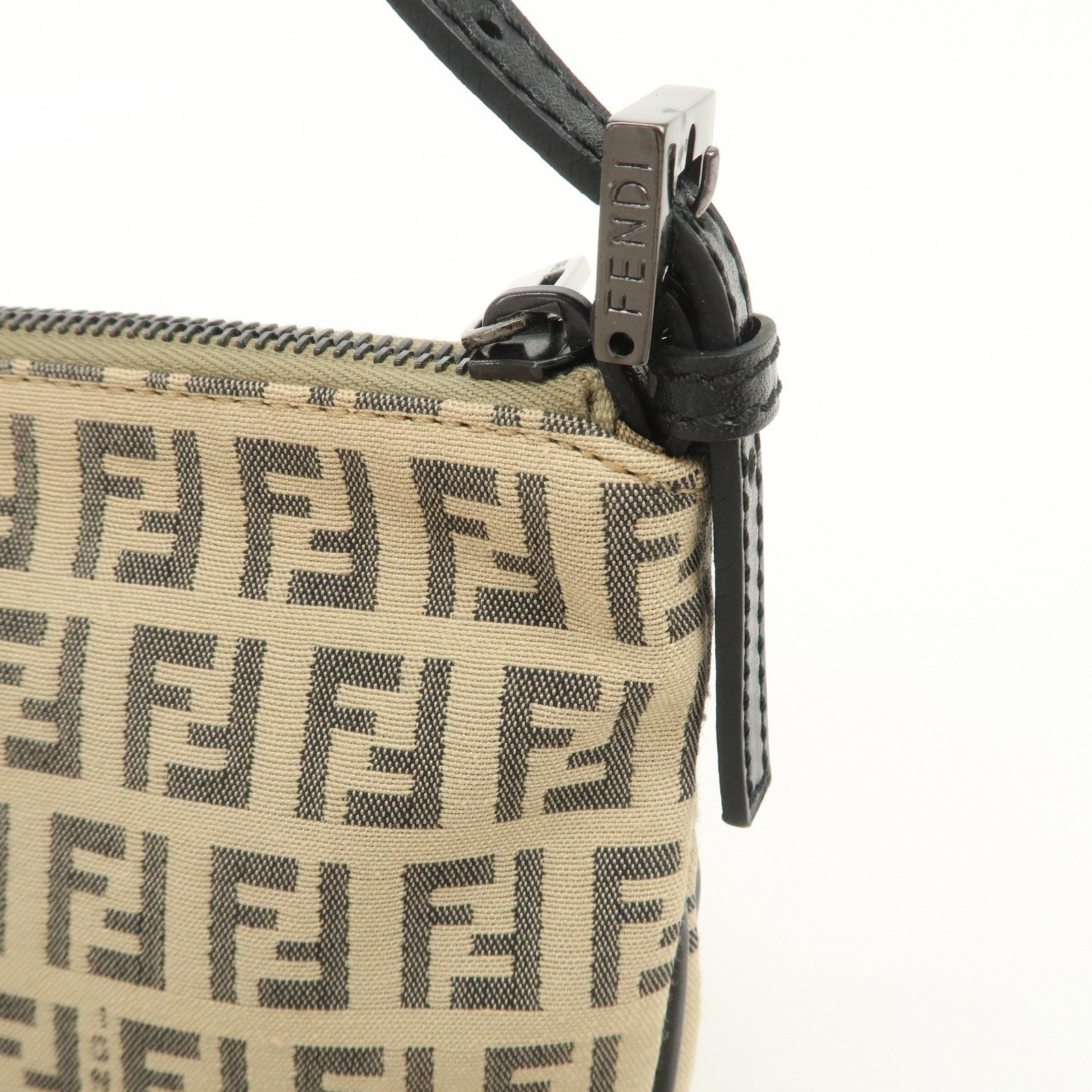 FENDI Zucchino Canvas Leather Shoulder Bag Beige Black 8BR312