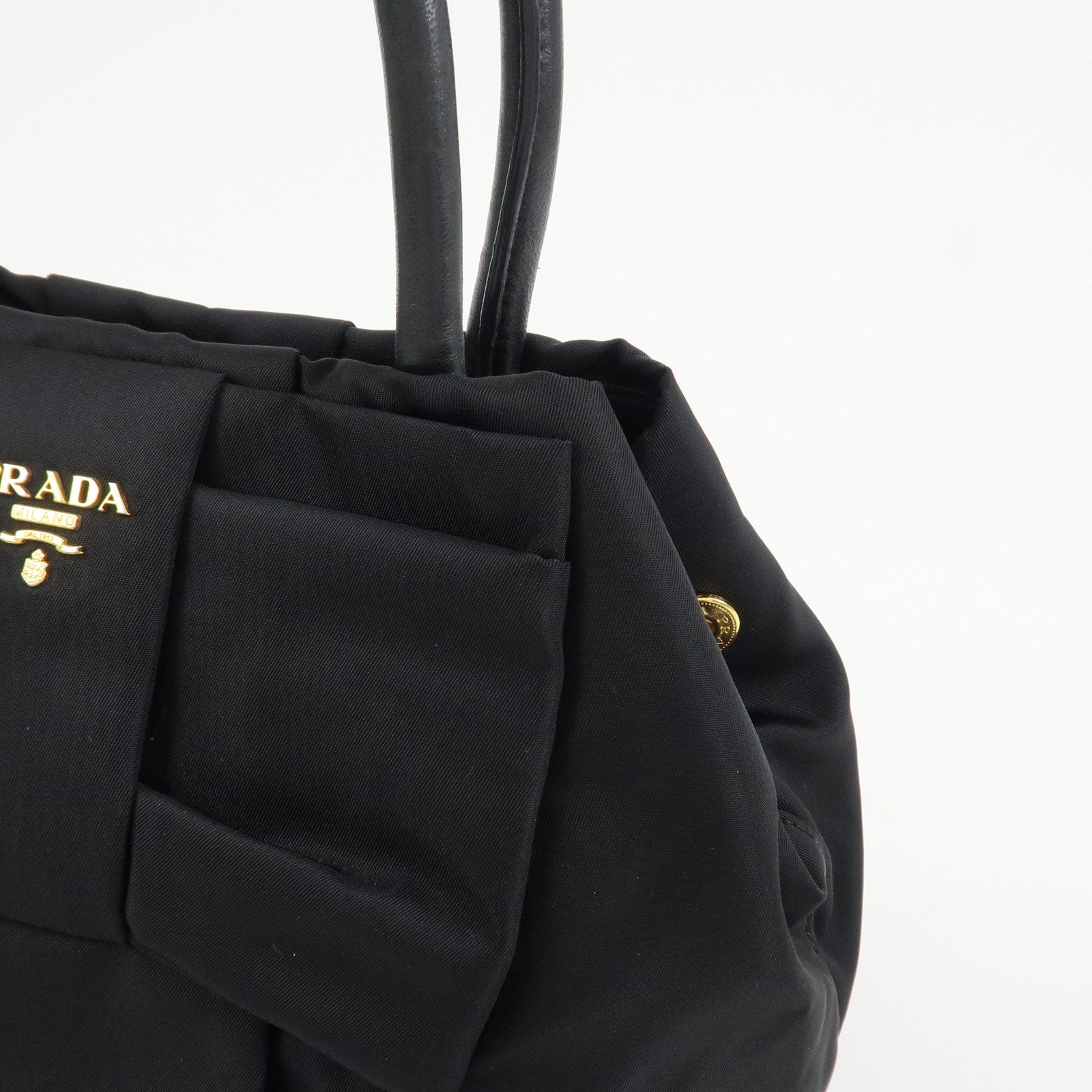 PRADA Nylon Leather Ribbon Hand Bag Tote Bag Black BN1601