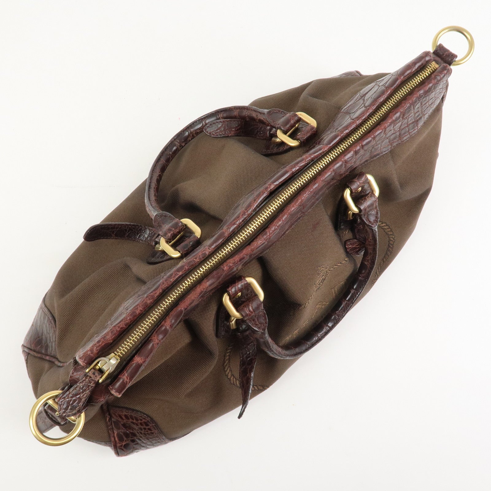PRADA Logo Canvas Embossed Leather 2Way Shoulder Bag Hand Bag Brown