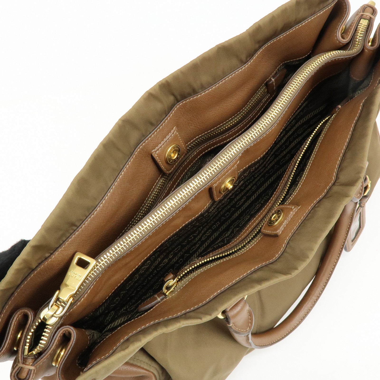 PRADA Triangle Logo Nylon Saffiano Leather 2Way Bag Khaki Brown