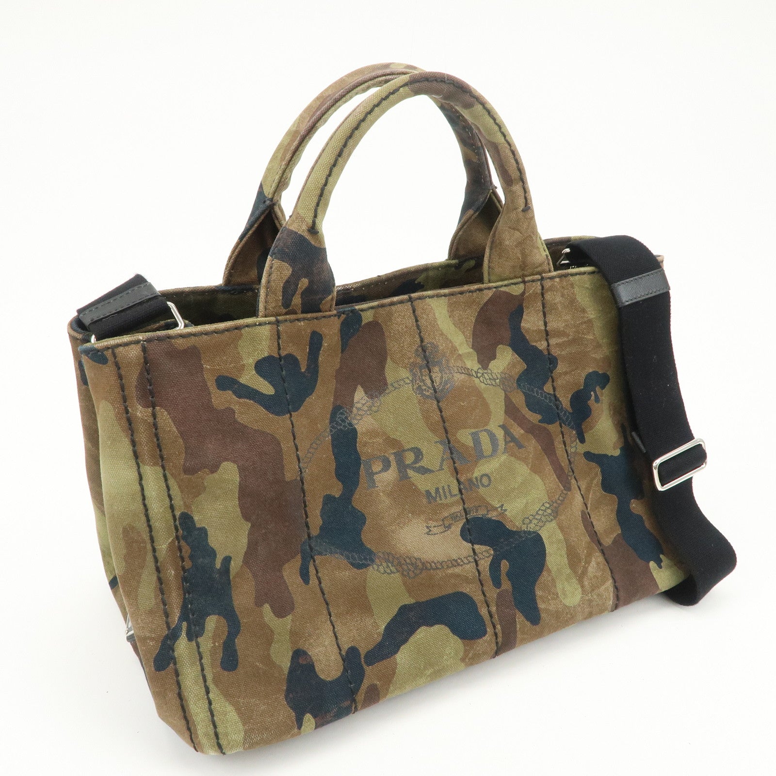 PRADA Logo Canapa Canvas 2Way Hand Bag Camouflage Khaki B2642B