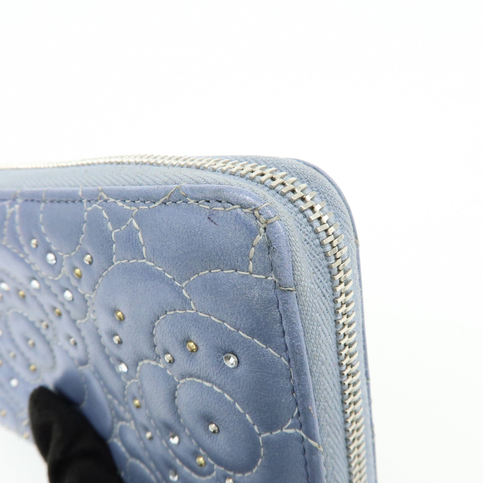 CHANEL Camellia Lamb Skin Round Zippy Wallet Light Blue A82281