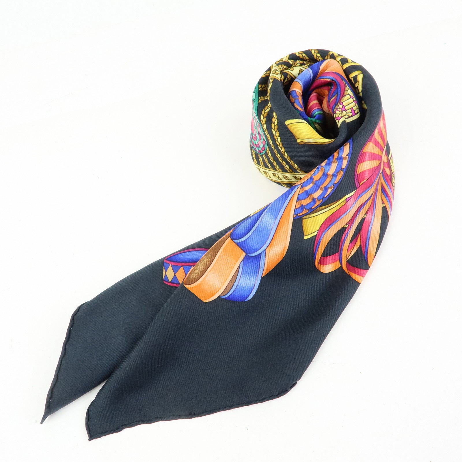 HERMES Carre 90 Silk 100% LES RUBANS DU CHEVAL Scarf Black Yellow
