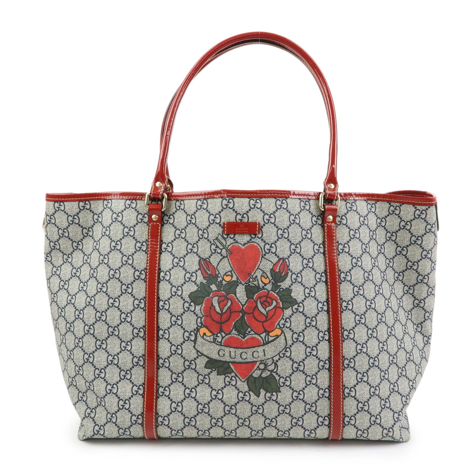 GUCCI JOY Collection GG Supreme Patent Leather Tote Bag Navy Red