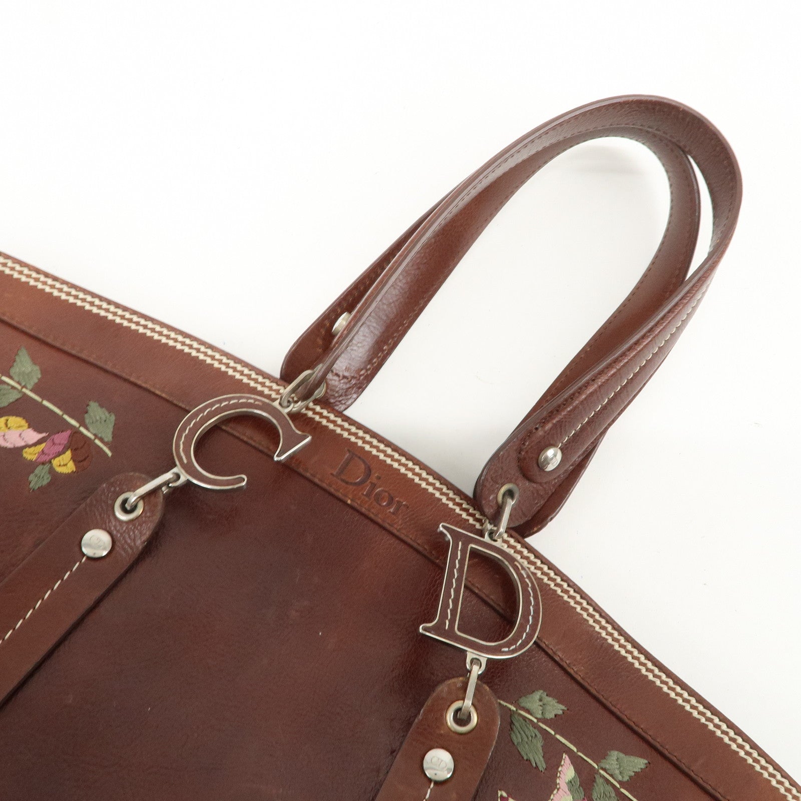 Christian Dior Leather Flower Embroidery Tote Shoulder Bag Brown