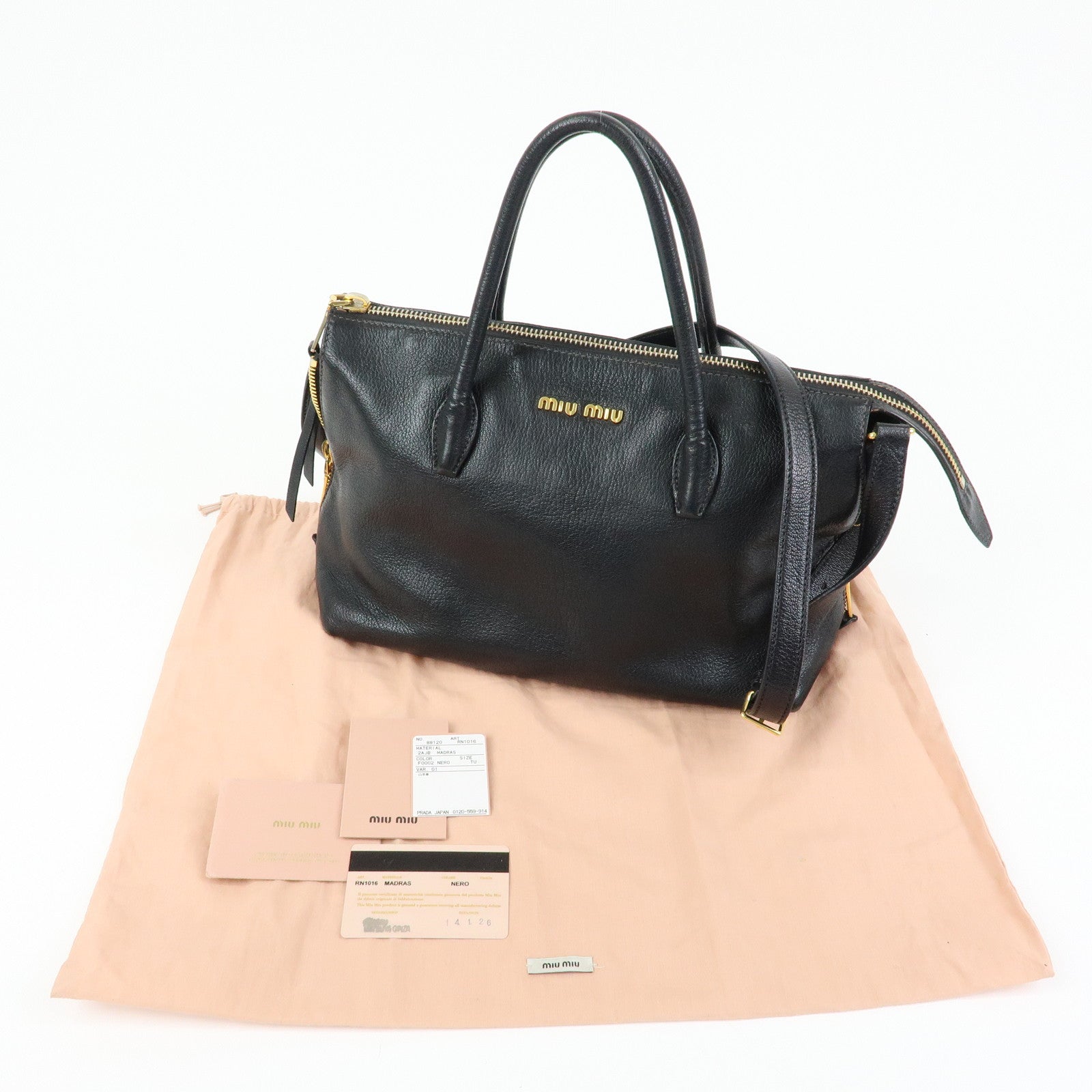 MIU MIU Madras Leather 2WAY Bag Hand Bag Shoulder Bag Black RN1016