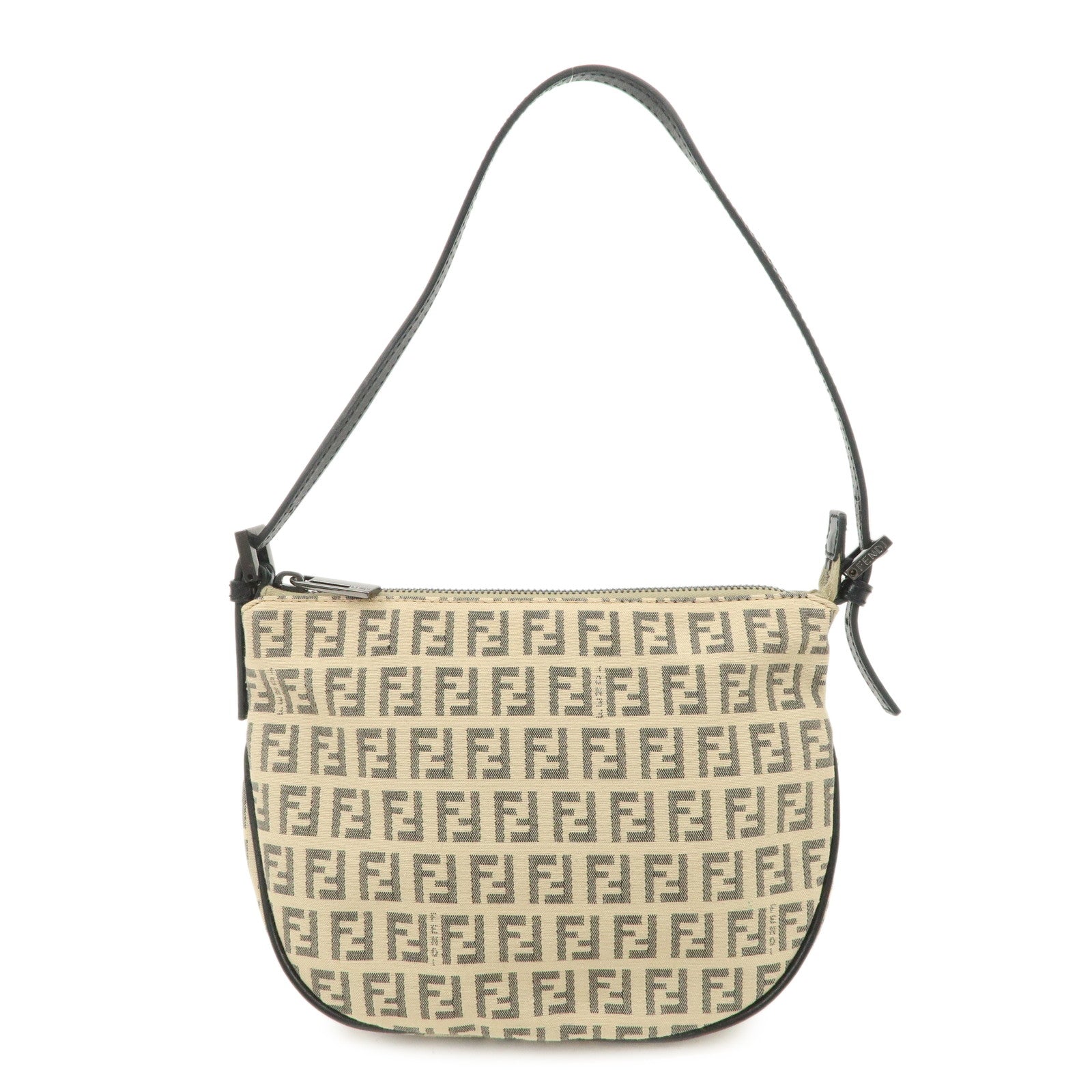 FENDI Zucchino Canvas Leather Shoulder Bag Beige Black 8BR312
