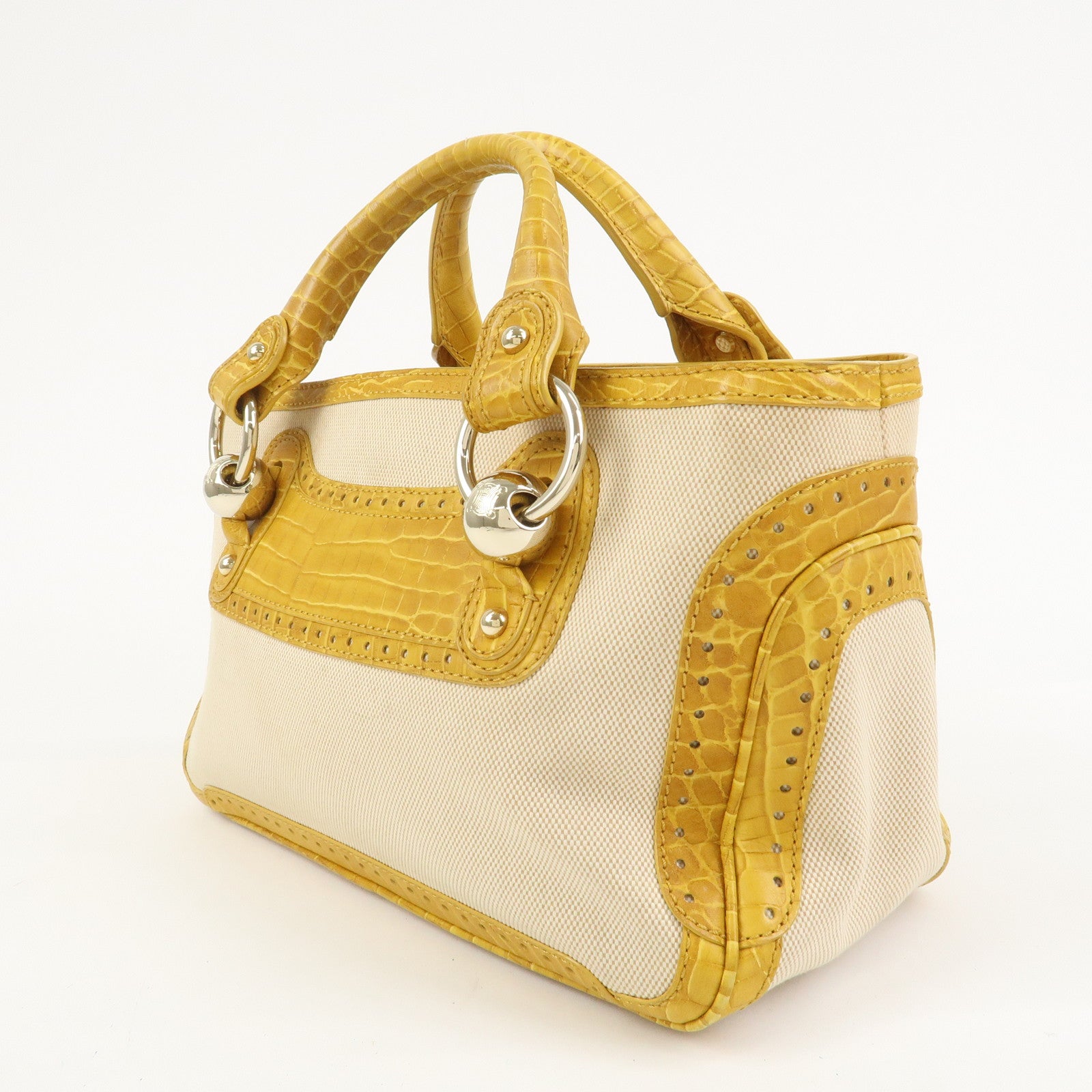 CELINE Boogie Bag Canvas Embossed Leather Hand Bag Natural Yellow