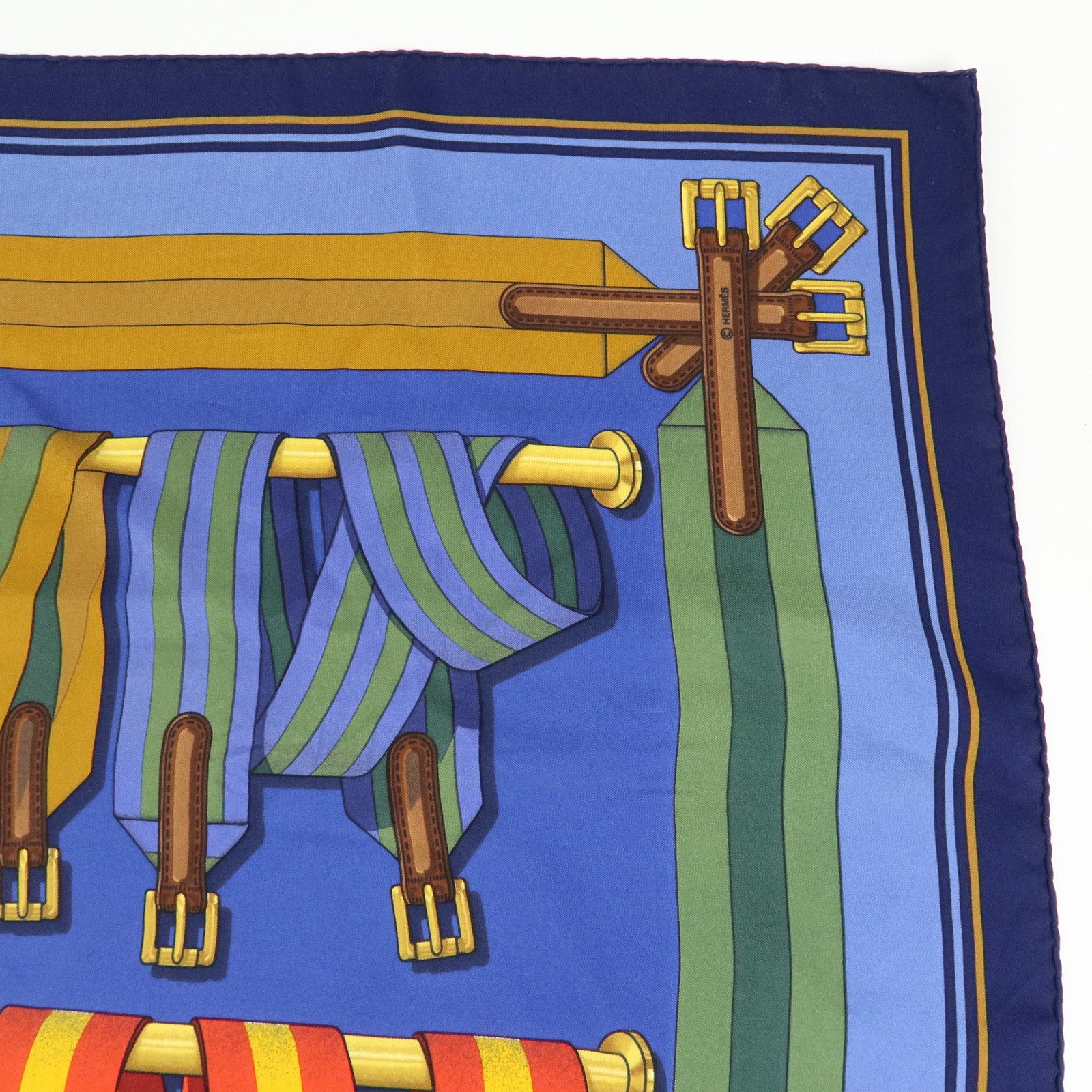 HERMES Carre 90 Silk 100% J.METZ Les Sangles Scarf Blue Green Red