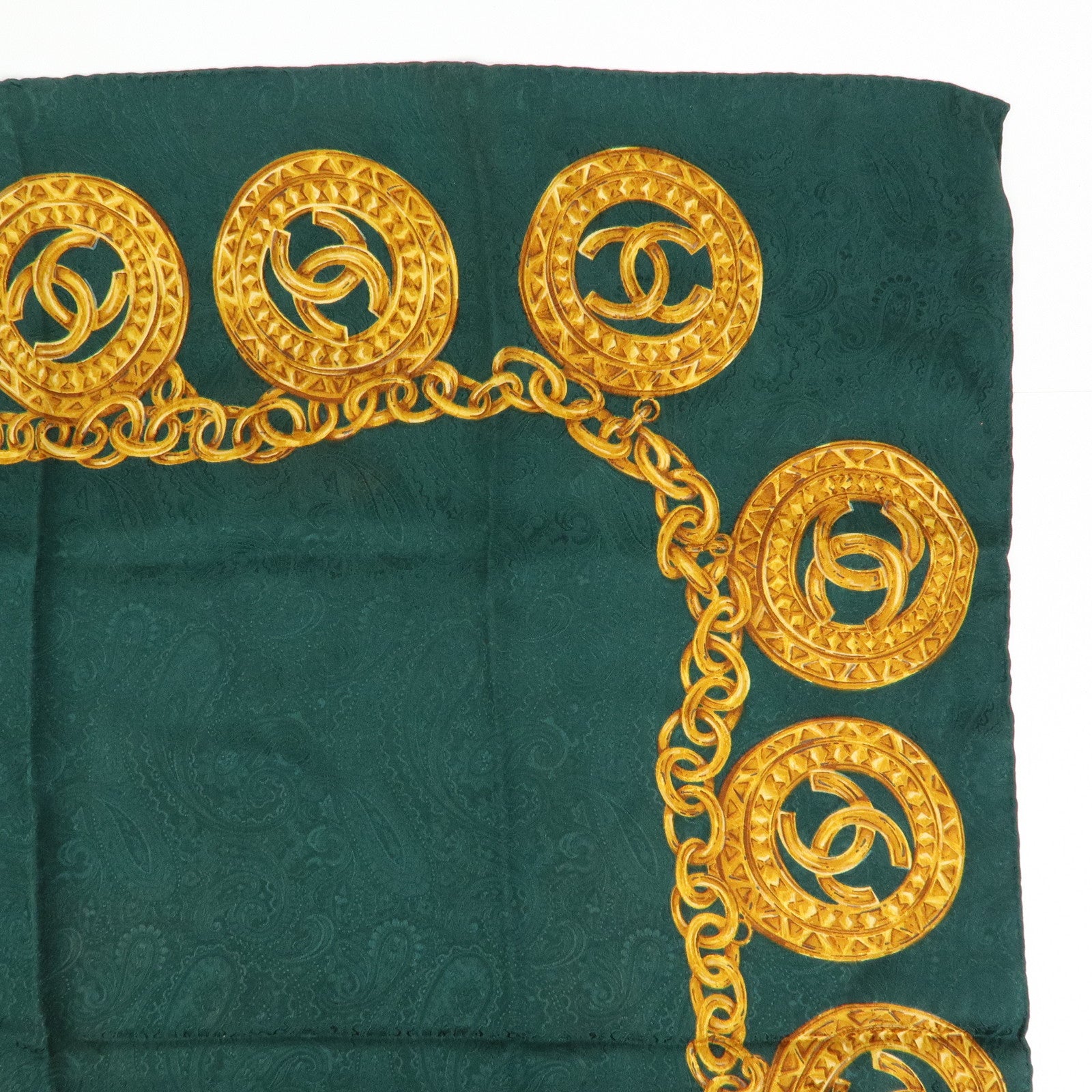 CHANEL COCO Mark Silk 100% Scarf Green Gold