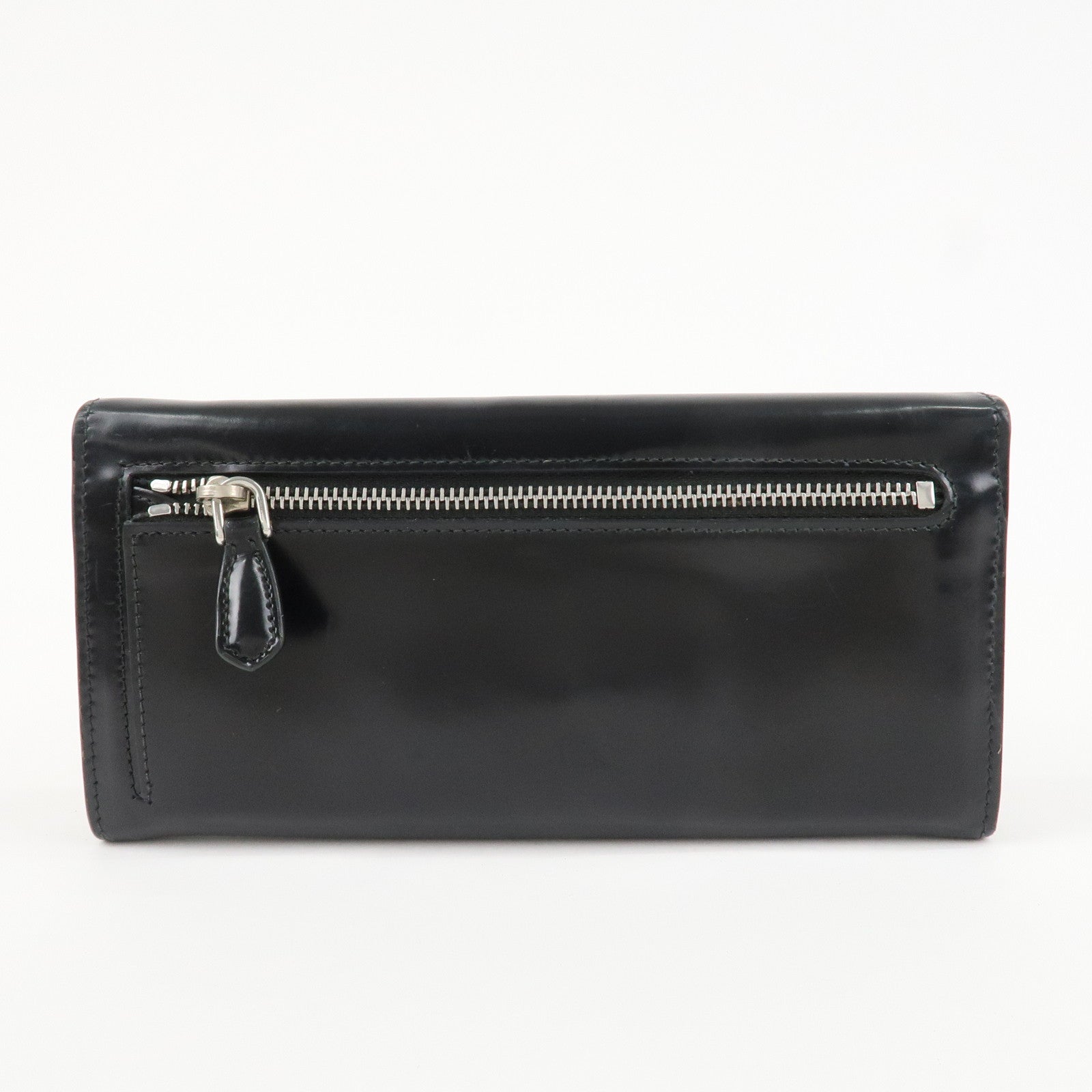 PRADA Leather Bi-Fold Long Wallet Black Silver Hardware 1MH037 Used