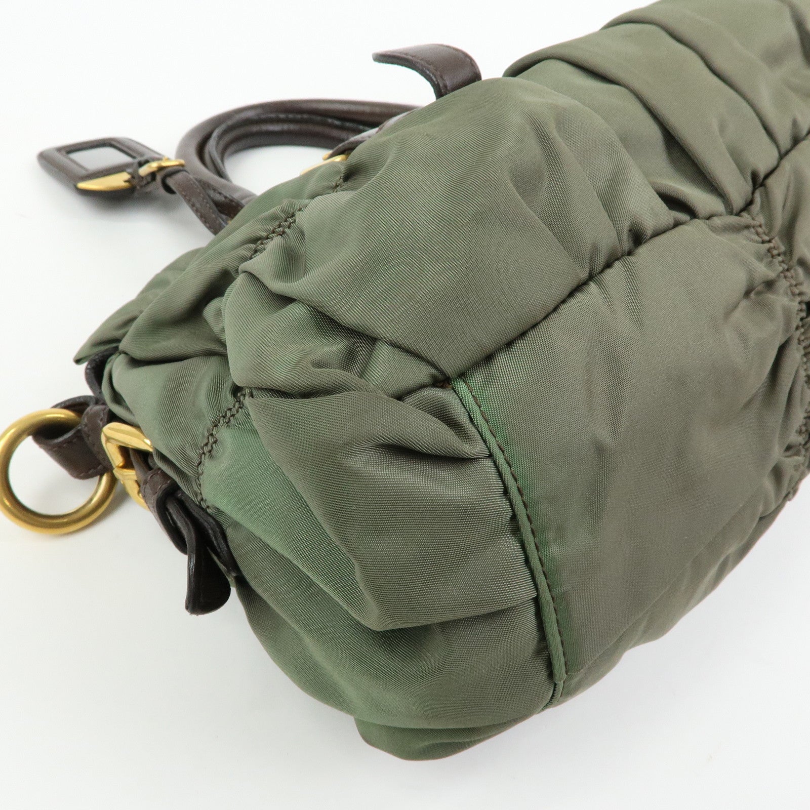 PRADA Nylon Leather Gathered 2Way Bag Hand Bag Khaki BN1407