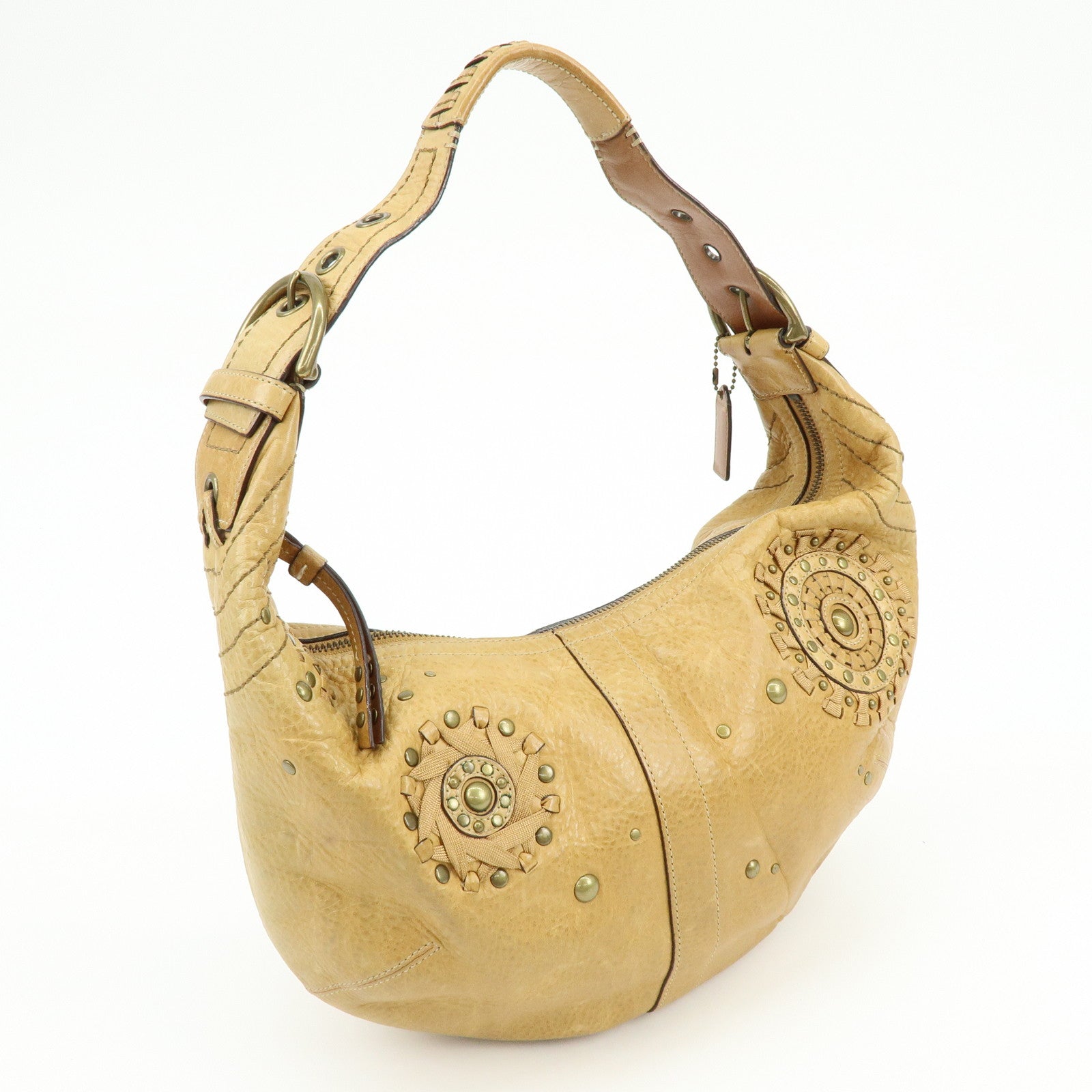 COACH Leather Shoulder Bag Hand Bag Studs Camel