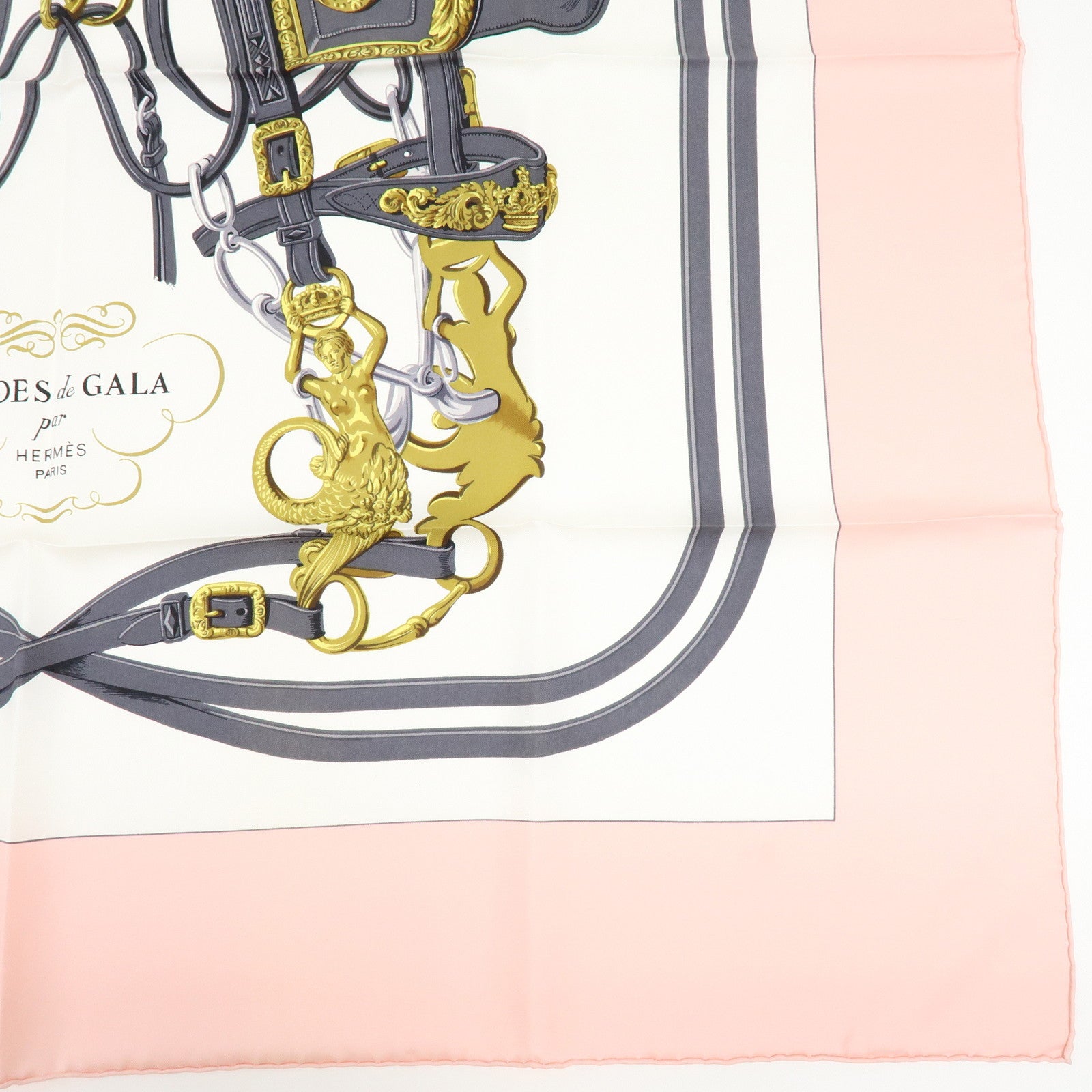 HERMES Carre 90 Silk 100% Scarf BRIDES DE GALA Light Pink Gray Gold