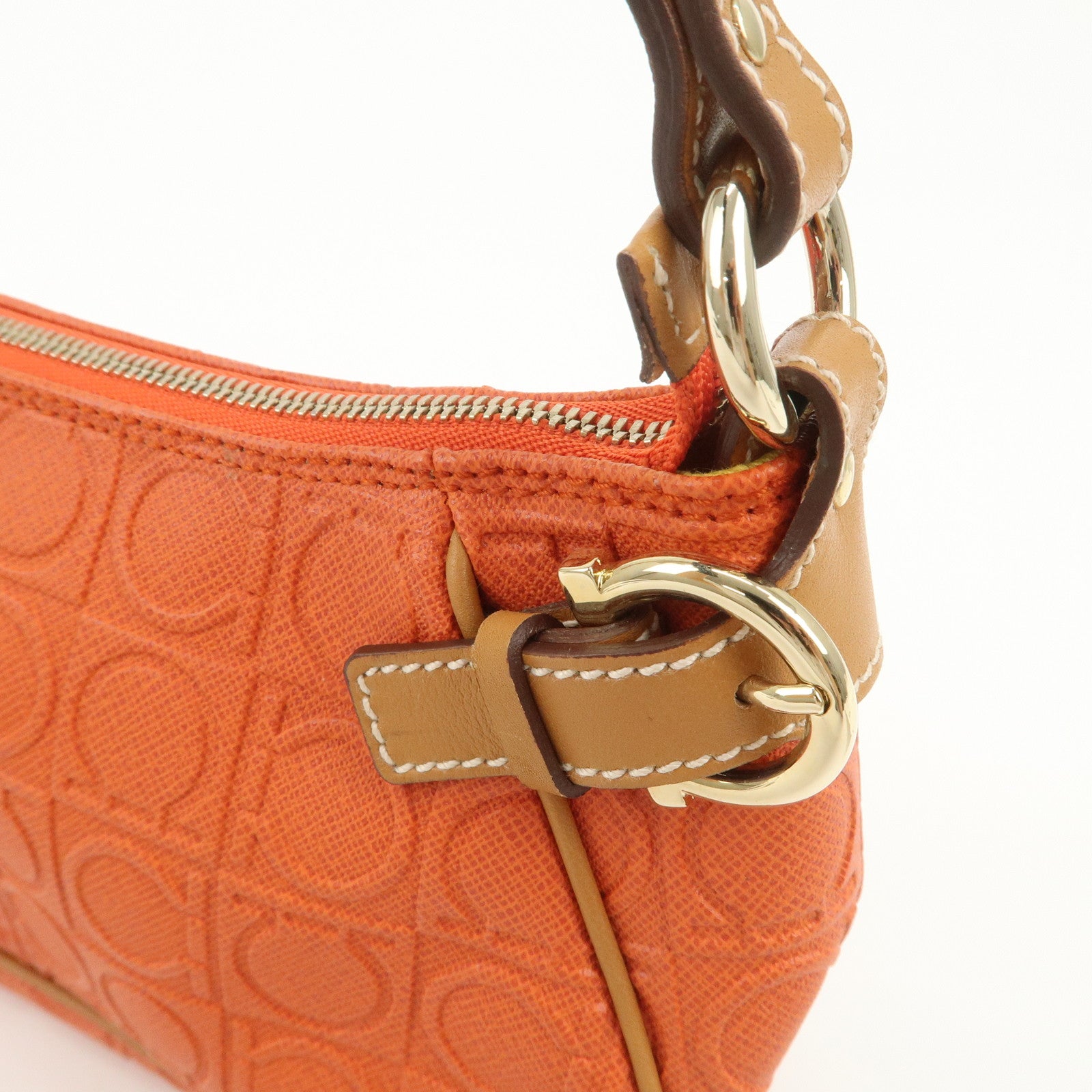 Ferragamo Gancini Leather Shoulder Bag Hand Bag Orange Beige