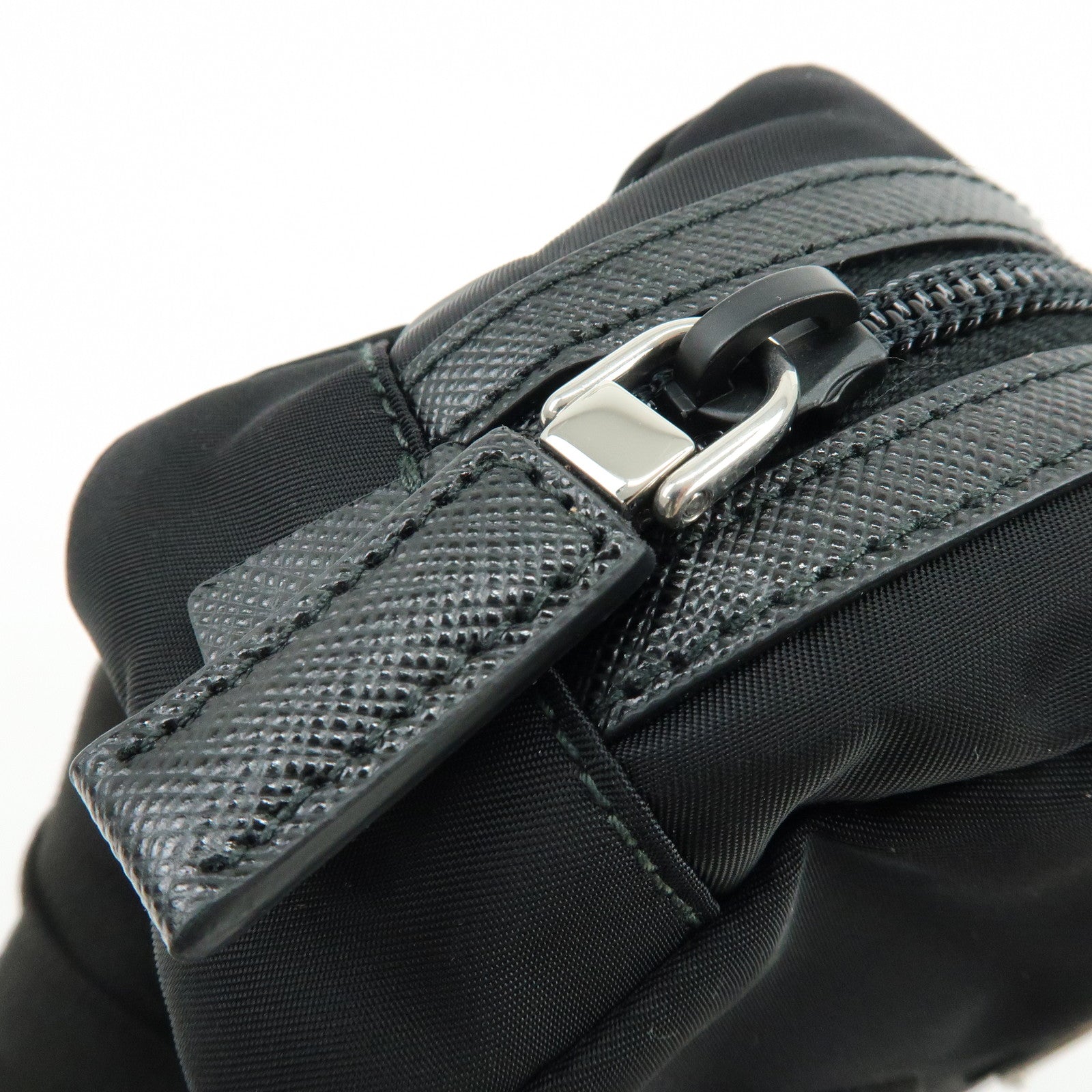 PRADA Triangle Logo Nylon Saffiano Leather Pouch Black