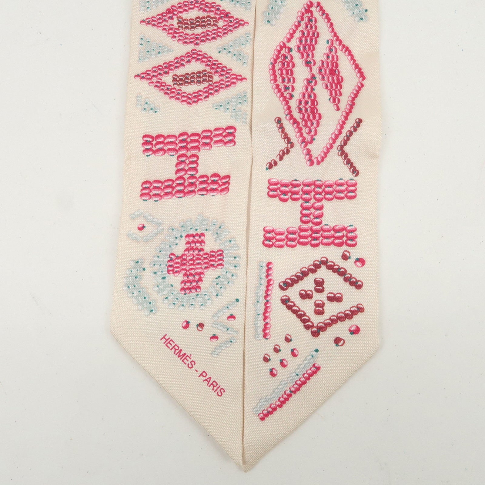 HERMES Twilly Silk 100% KELLY EN PERLES Scarf Ivory Pink