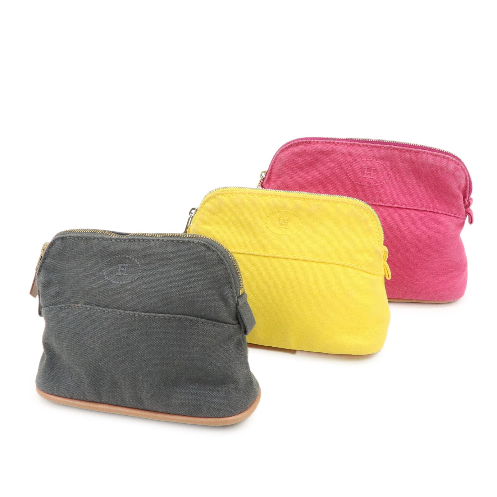 HERMES Canvas Leather Bolide Set of 3 Pouch Yellow Pink Gray