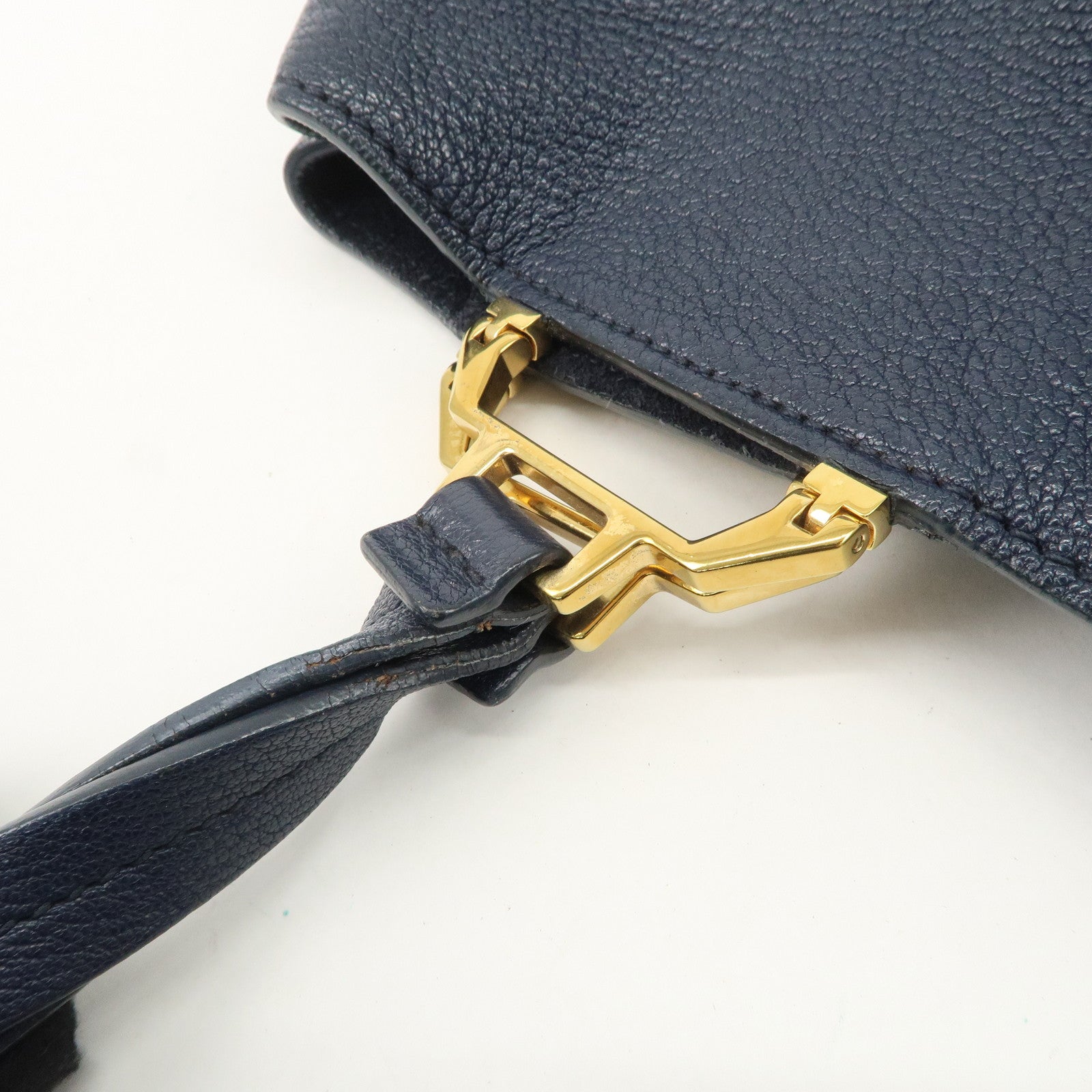 MIUMIU Logo Madras Leather Hand Bag Tote Bag Navy Gold Hardware Used