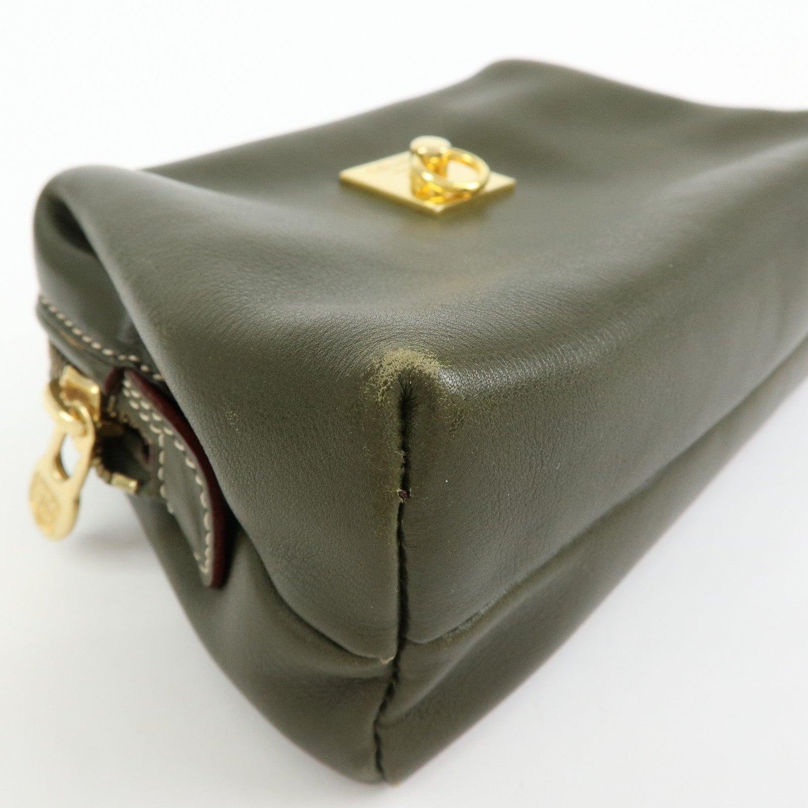 CELINE Logo Leather Accessory Pouch Cosmetic Case Khaki