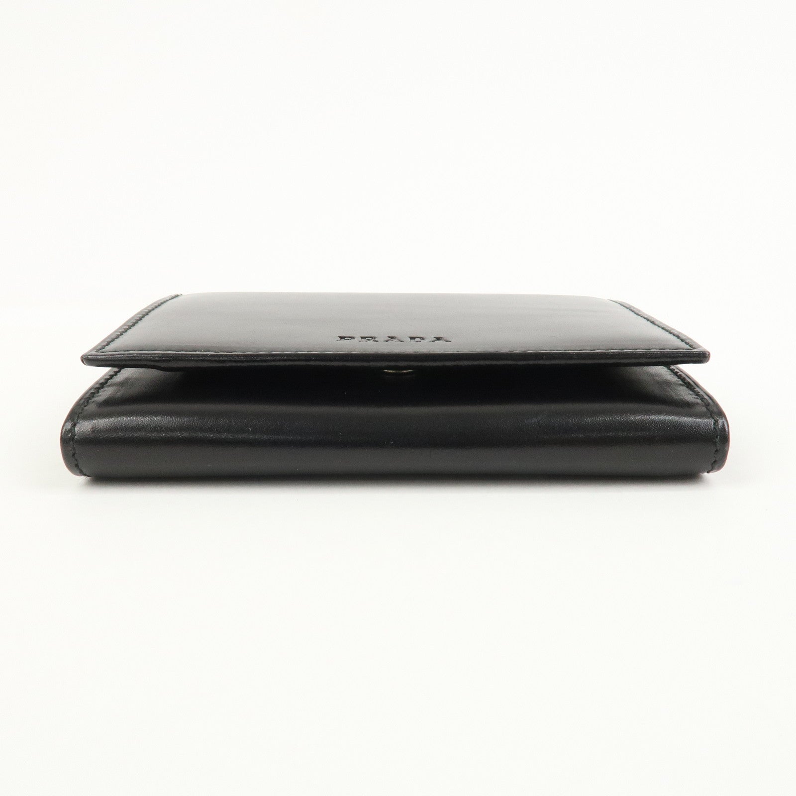 PRADA Logo Leather Compact Wallet Card Case Coin Case Black