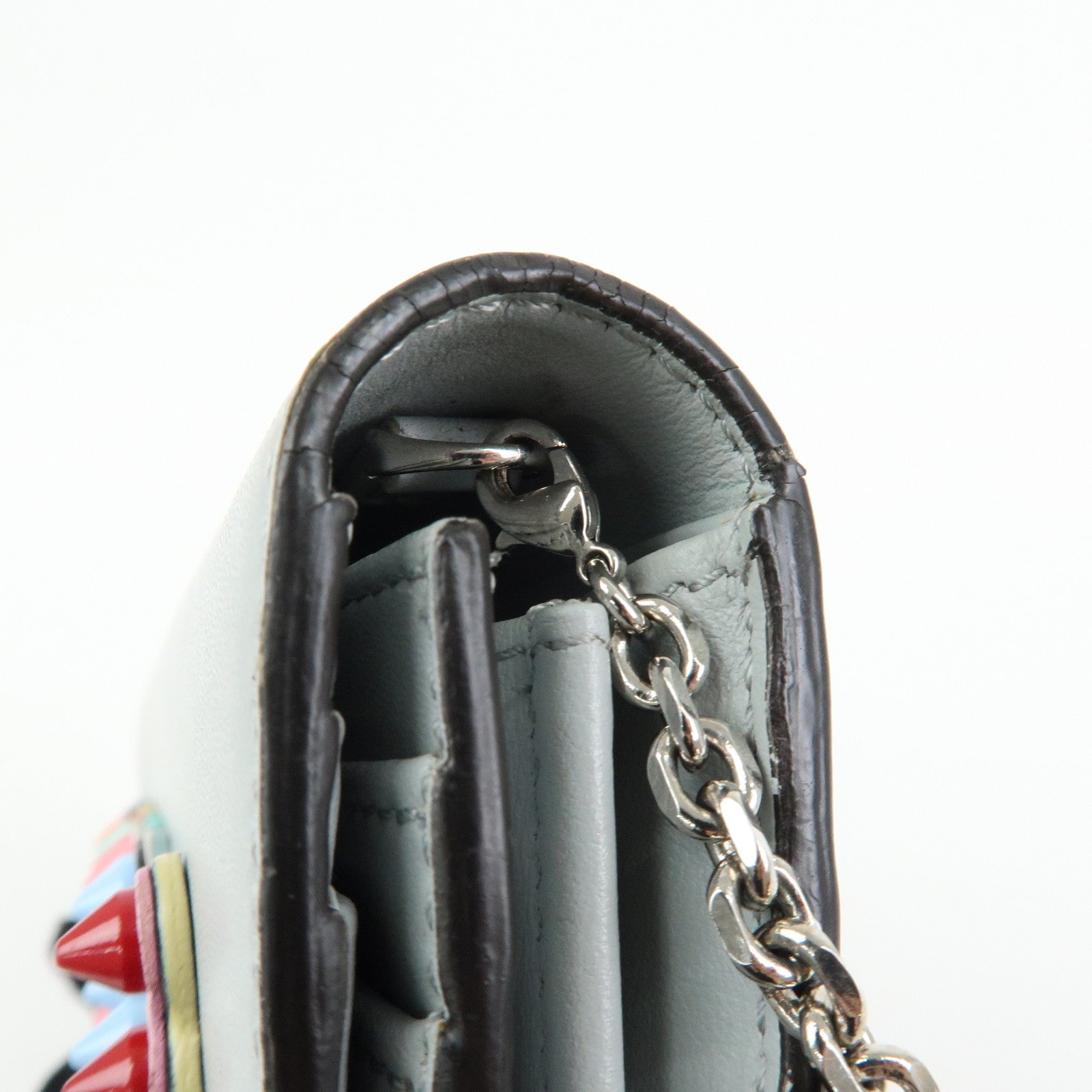 FENDI Leather Studs Chain Shoulder Wallet Long Wallet Gray 8M0365