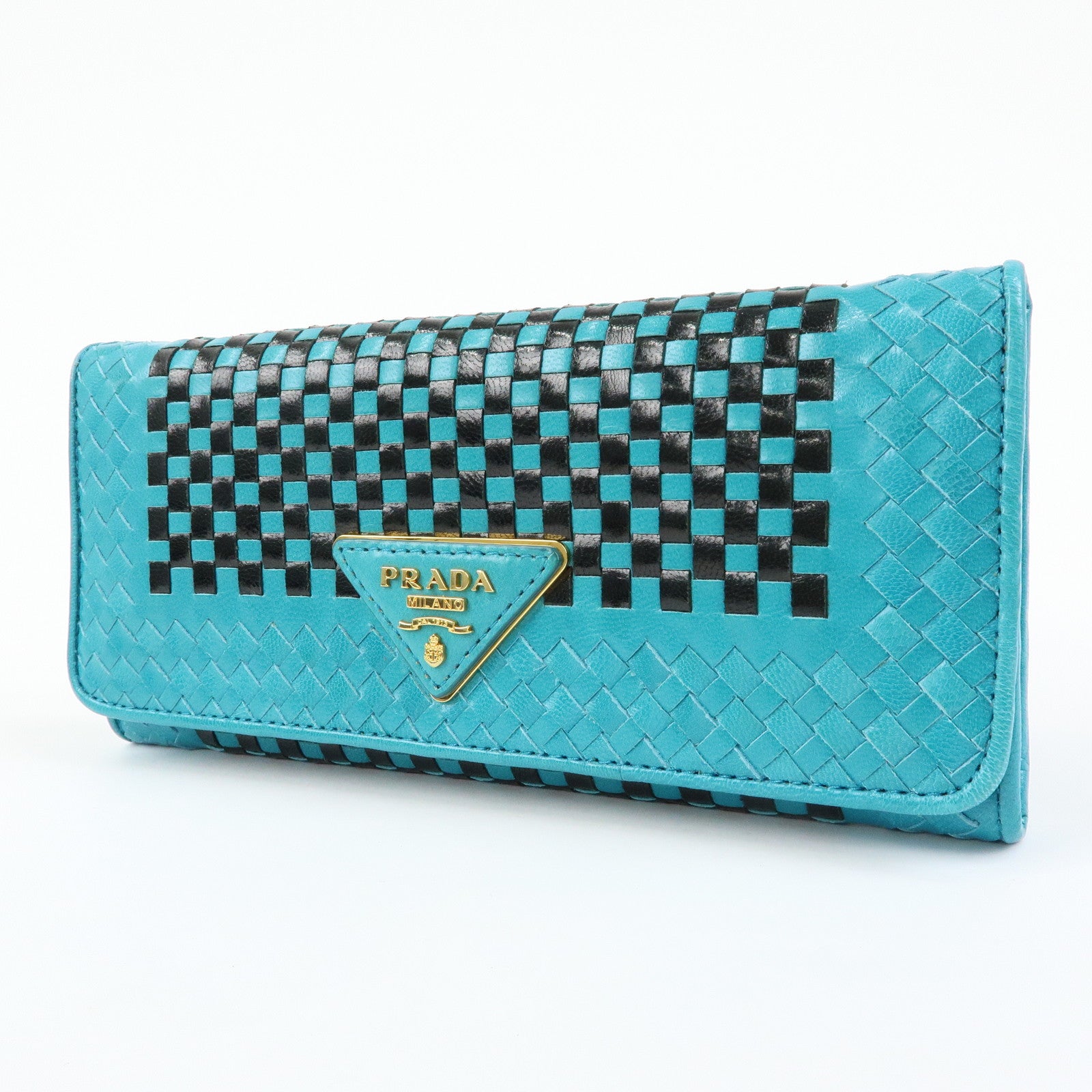 PRADA Triangle Logo Leather Long Wallet Blue Black
