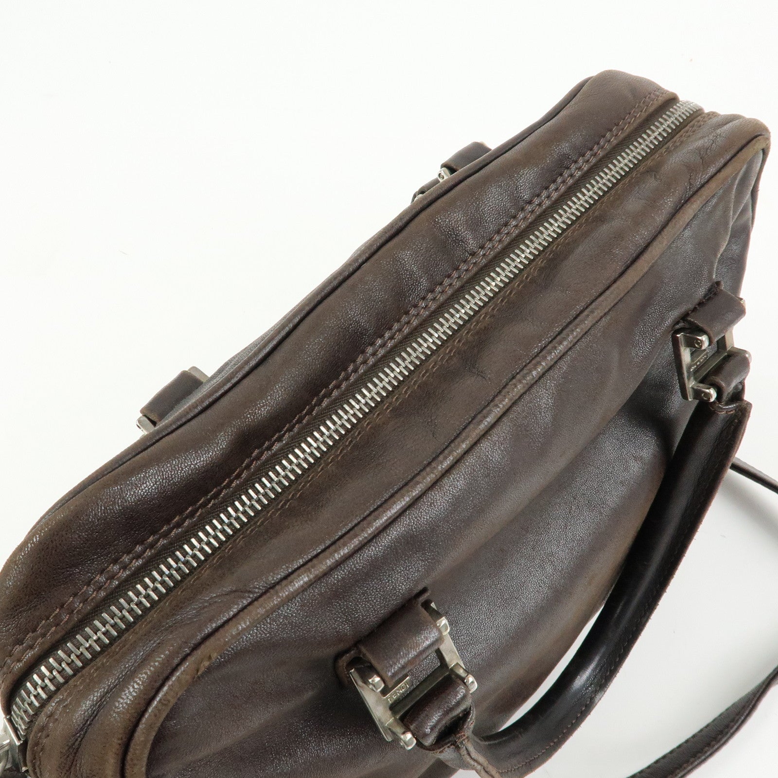 FENDI Leather 2Way Bag Hand Bag Shoulder Bag Brown