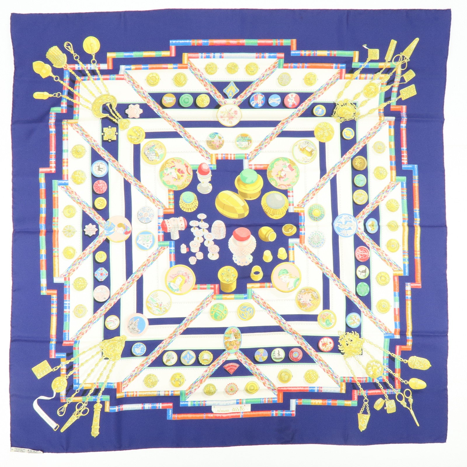 HERMES Carre 90 Silk 100% Scarf Petite Main Navy Multicolor