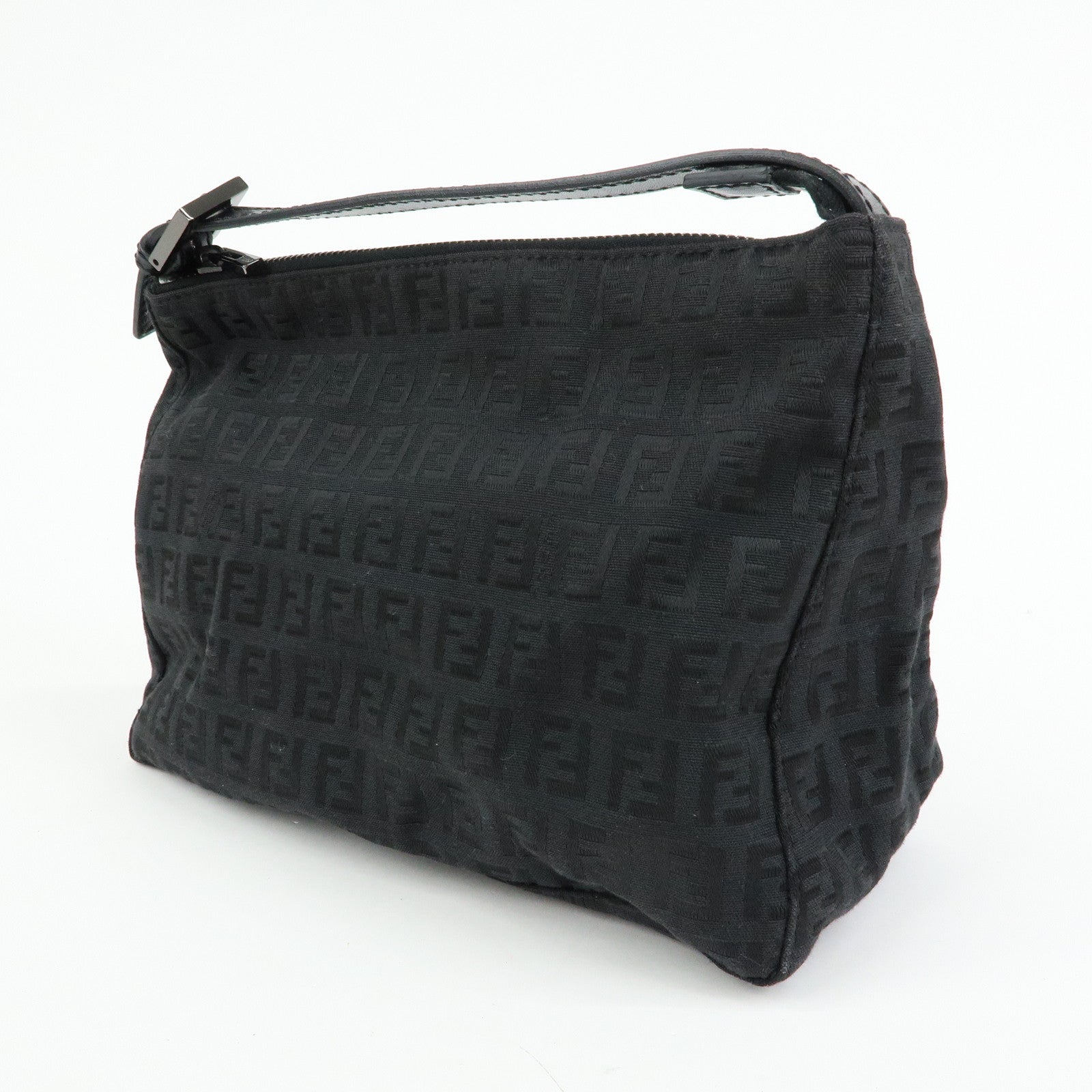 FENDI Zucchino Canvas Leather Hand Bag Pouch Black 8N0005