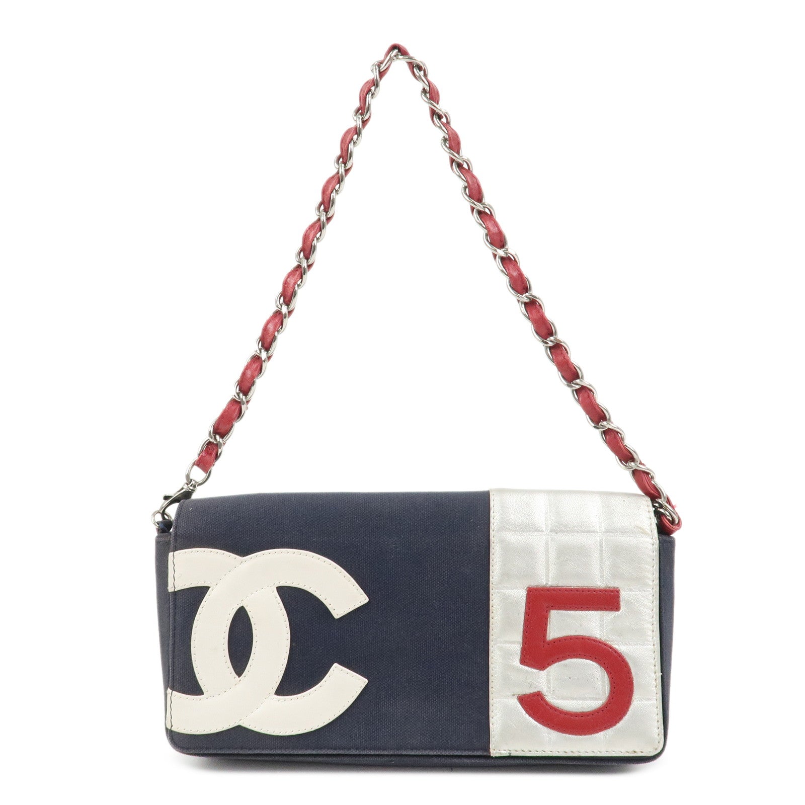 CHANEL No.5 Canvas Leather Chain Shoulder Bag Hand Bag Navy Silver