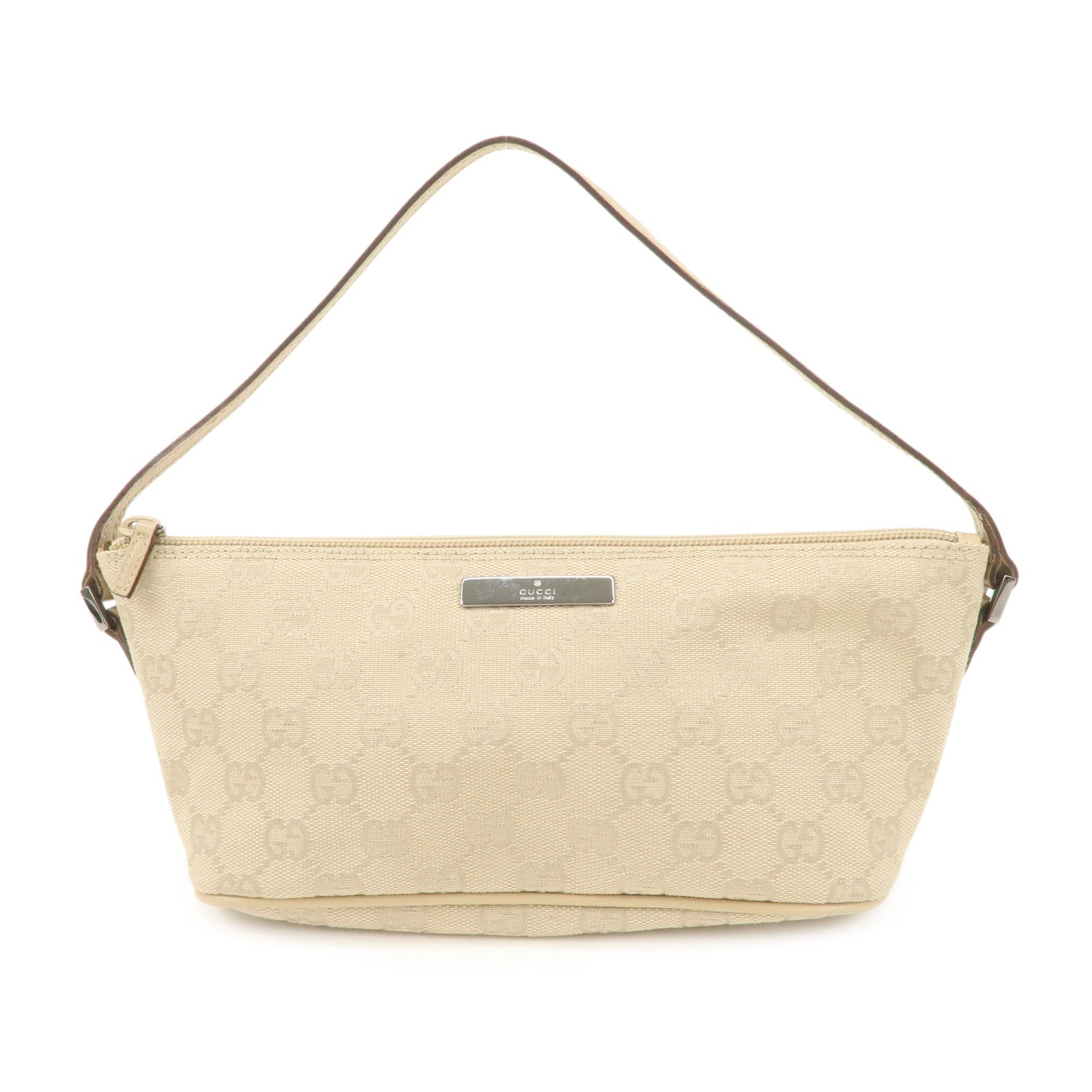 GUCCI Boat Bag GG Canvas Leather Hand Bag Pouch Beige 07198 Used